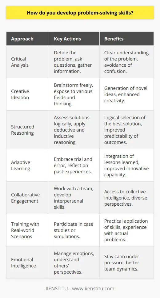 Developing problem-solving skills is an essential part of personal and professional growth. The proficiency to approach problems effectively not only makes one more capable but also highly valuable in various settings. To cultivate these skills, one can focus on the following approach:Critical AnalysisApproach every problem with a critical eye. Begin by defining the problem clearly to avoid any confusion about what you are trying to solve. Next, identify the underlying causes by asking probing questions and gathering as much relevant information as possible. A thorough analysis sets the groundwork for effective problem-solving.Creative IdeationCreativity is at the heart of problem-solving. Engage in brainstorming sessions, aiming to list as many ideas as possible without censoring or critiquing them. This freedom fosters a creative environment where novel solutions can emerge. Creativity can also be nurtured by exposing yourself to different fields, disciplines, and ways of thinking.Structured ReasoningOnce potential solutions are on the table, it's important to employ logic and structured reasoning to assess each one. Use deductive and inductive reasoning to predict the outcomes of your solutions and decide the best course of action based on the available evidence and the known constraints of the situation.Adaptive LearningA key part of developing problem-solving skills is the willingness to learn and adapt. No method or solution is foolproof, and sometimes, through trial and error, one can gain insights that lead to innovative solutions. Reflect on past experiences and integrate the lessons learned into your problem-solving toolkit.Collaborative EngagementMany complex problems require a collaborative effort. Engaging with a team not only leverages the collective intelligence but also introduces diverse perspectives. Developing interpersonal skills like communication, negotiation, and conflict resolution is crucial for effective collaboration.Training with Real-world ScenariosPracticing problem-solving in real-world situations, such as case studies or simulations, can be extremely beneficial. Institutions like IIENSTITU offer programs where one can work through actual business problems, allowing for practical application of theoretical knowledge.Emotional IntelligenceProblem-solving is not just a cognitive process; it also involves managing emotions. High emotional intelligence helps in remaining calm under pressure, leading to more rational decision-making. It also aids in understanding others' perspectives and reactions, which is vital when working in teams.In conclusion, by delving into critical thinking, stimulating creativity, reasoning systematically, learning adaptively, collaborating effectively, practicing with real-world examples, and honing emotional intelligence, one can substantially develop their problem-solving skills. These competencies empower individuals to confront challenges head-on, leading to successful and innovative outcomes.