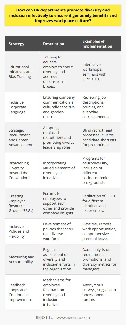 HR departments are pivotal in fostering a workplace culture that embraces diversity and inclusion, which are more than mere buzzwords but crucial components of any thriving, innovative, and successful organization. To promote these values genuinely and effectively, HR professionals can adopt the following strategies:**Educational Initiatives and Bias Training**One of the initial steps in cultivating an inclusive workplace is creating awareness. HR departments should organize comprehensive training sessions geared towards educating employees about the value of a diverse workforce. These sessions could address unconscious biases, cultural competence, and the benefits of varied perspectives in problem-solving and creativity. Interactive workshops and seminars can be designed by experts or undertaken in partnership with specialized institutes like IIENSTITU, which cater to these professional needs.**Cultivating an Inclusive Corporate Language**To promote diversity and inclusion, HR should ensure the company's communication—both internal and external—reflects a commitment to these principles. Language used in company policies, job descriptions, and everyday correspondence should be free of jargon, culturally sensitive, and gender-neutral, where appropriate. This helps establish a norm of inclusivity right from the outset.**Strategic Recruitment and Career Advancement**A diverse workforce starts with unbiased recruitment. HR can implement blind recruitment practices, where the initial screening of candidates is done without access to information about their race, gender, age, or background. This focus on skills and qualifications helps reduce unconscious biases. Additionally, ensuring a diverse range of candidates is considered for promotions and leadership roles is vital for demonstrating commitment to career advancement for all employees.**Broadening Diversity Beyond the Conventional**Often, diversity initiatives focus on gender and race but neglect other elements such as neurodiversity, socioeconomic background, and diversity of thought. HR can pioneer the introduction of neurodiversity programs and create avenues for the inclusion of employees from various educational and vocational backgrounds.**Creating Employee Resource Groups (ERGs)**Another approach is to facilitate the formation of Employee Resource Groups (ERGs) which provide a forum for employees sharing common identities or experiences to support each other. These ERGs can also offer insights into how the company can better serve diverse markets and clients.**Inclusive Policies and Flexibility**HR departments must also craft policies that reflect an inclusive culture. Flextime options, remote work opportunities, and comprehensive parental leave policies can make the organization attractive to a diverse population. Additionally, policies should be put in place to accommodate religious practices, languages, and cultural observances.**Measuring and Accountability**Promoting diversity and inclusion must be an ongoing effort with regular assessments. Collecting and analyzing data related to recruitment, retention, promotion rates, and employee satisfaction across different demographics can help HR departments pinpoint successes and areas for improvement. Having diversity and inclusion metrics as a part of performance evaluations for managers can also drive accountability and commitment at all levels.**Feedback Loops and Continuous Improvement**HR should ensure that there are mechanisms for employees to give feedback on diversity and inclusion initiatives. Anonymous surveys, suggestion boxes, and regular open forums can provide insights into employee experiences and perceptions, helping HR to iterate and improve upon initiatives accordingly.Promoting diversity and inclusion is a multifaceted task that requires commitment, creativity, and continued vigilance. By embedding these values into every aspect of the organization—from recruitment to professional development, policy-making to daily operations—HR departments can lead the way in creating workplaces where everyone is given the chance to succeed and feel valued for their unique contributions.