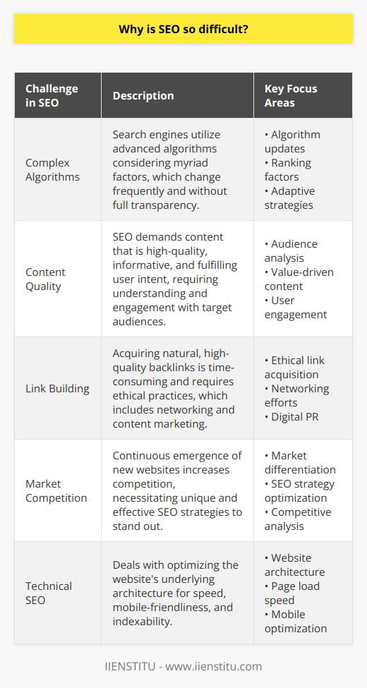 Search Engine Optimization (SEO) is a complex and dynamic field that can seem impenetrable to many attempting to enhance their online presence. The complexity stems from several core aspects that require continual attention and expertise.Complex Algorithms and Frequent UpdatesOne primary factor that makes SEO so difficult is the complexity of search engine algorithms, such as those used by Google. Because these algorithms are designed to deliver the most relevant and valuable content to users, they consider hundreds, if not thousands, of factors when ranking web pages. SEO specialists must keep pace with regular updates and shifts in these algorithms, adjusting strategies accordingly. Such changes are rarely disclosed in detail to the public, making it a challenging and often speculative endeavor to align with the latest algorithm adjustments.Demand for High-Quality and Relevant ContentSEO isn't simply about including keywords in web pages; it's about creating high-quality, informative, and engaging content that serves the user's intent. This requires a deep understanding of one's audience and the ability to address their needs effectively through content. The dual challenge lies in crafting articles, blog posts, or multimedia that appeal to readers while also ticking all the boxes that search engines deem important.The Complex World of Link BuildingBacklinks are another cornerstone of SEO. They act as votes of confidence from one site to another, indicating content worthiness. However, obtaining natural, high-quality backlinks from reputable websites takes time and involves networking, content marketing, and sometimes digital PR efforts. Black hat techniques such as purchasing links can result in severe penalties, thus strict adherence to ethical practices in link acquisition adds to the difficulty of SEO.Fierce Online CompetitionEvery day, thousands of new websites emerge, saturating almost every imaginable niche. This growing competition pushes businesses and content creators to work harder and smarter to differentiate themselves and gain visibility in search engine results pages (SERPs). Standing out in this crowded space requires a unique and well-executed SEO strategy.Technical SEO and its IntricaciesTechnical SEO includes optimizing website architecture, ensuring that pages load quickly, are mobile-friendly, and are structured in a way that search engines can easily crawl and index. These elements often require a significant level of technical insight or assistance from web developers and can be particularly challenging for those with limited technical background.In conclusion, SEO's complexity is well-founded in its constantly evolving nature which engages with both the creative elements of content creation and the intricate technical requirements of today’s internet infrastructure. While it can be challenging for individuals and businesses trying to boost their online rankings, mastery of SEO remains a critical component for success in digital marketing. It's why reputable organizations like IIENSTITU provide invaluable resources and training to help navigate the SEO landscape.