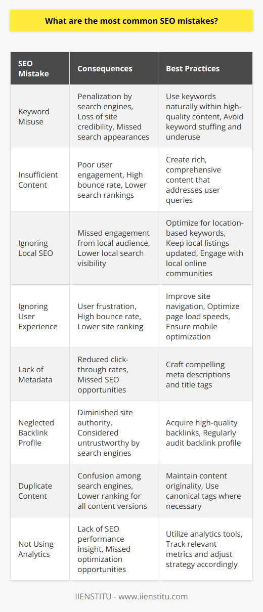 Search Engine Optimization (SEO) is integral to a successful online presence, but numerous pitfalls can undermine these efforts. A grasp of the most common SEO mistakes is paramount to boosting visibility and traffic. We'll delve into some of these errors and elaborate on how they can be avoided.**Keyword Misuse**Keywords are the bedrock of SEO; however, they are often mismanaged. Keyword stuffing, or overuse, once common in early SEO practices, now triggers penalization from search engines, detracting from a site's credibility. On the flip side, insufficient keyword usage can cause a site to miss opportunities to appear in relevant searches. The key is a balanced approach that integrates keywords naturally within high-quality content.**Insufficient Content** Content is king in the digital realm, and search engines like Google reward rich, comprehensive content that provides value to readers. Many sites produce shallow content that fails to address user queries effectively. Such content doesn't engage users or encourage them to stay on-site, which negatively impacts search rankings.**Ignoring Local SEO**For businesses that operate on a local scale, local SEO is critical. By ignoring this facet, a significant audience with a high intent to purchase or engage can be overlooked. Local SEO tactics include optimizing for location-based keywords, ensuring up-to-date local listings, and engaging with local online communities.**Ignoring User Experience**User experience goes hand-in-hand with SEO. A site that is difficult to navigate, slow to load, or not optimized for mobile use can frustrate visitors and encourage them to leave quickly – increasing the bounce rate. These factors are monitored by search engines and can diminish a site’s ranking if not addressed.**Lack of Metadata**Metadata, such as meta descriptions and title tags, reinforce the relevance of your content to both search engines and users. Neglecting to craft compelling and descriptive metadata can result in missed SEO opportunities. This information appears in search results and can influence whether a user decides to click through to a site.**Neglected Backlink Profile**Backlinks signal to search engines that others vouch for your content. A robust backlink profile from reputable sources can elevate a site’s authority. Conversely, a neglected backlink profile, populated with low-quality links or no links at all, can be deemed untrustworthy by search engines.**Duplicate Content**Duplicate content can be detrimental – if search engines crawl multiple, identical pieces of content, they may struggle to determine which one should rank. This confusion can lead to a lower ranking for all versions of the content. Originality is a factor in content's value.**Not Using Analytics**Analytics tools provide critical insights into SEO performance, revealing where a strategy is succeeding or failing. They enable the tracking of metrics like traffic, bounce rate, and conversion. Not utilizing these tools results in a lack of informed decision-making and missed opportunities for optimization.Avoiding these mistakes is not merely about prevention but about proactive improvement in a site's SEO strategy. Content should always aim to serve the end-user and be presented in a manner that both search engines and people can easily digest and appreciate. Additionally, ongoing education and staying abreast of the latest SEO best practices are crucial in this ever-evolving field. For further SEO learning and comprehensive courses, IIENSTITU offers specialized programs to enhance digital marketing skills.