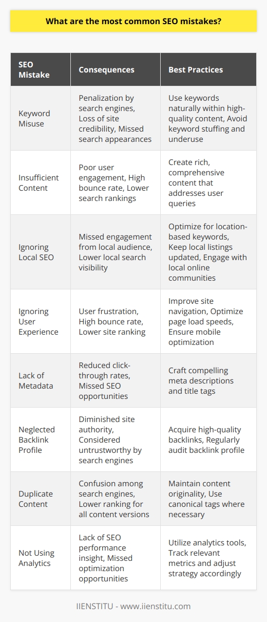 Search Engine Optimization (SEO) is integral to a successful online presence, but numerous pitfalls can undermine these efforts. A grasp of the most common SEO mistakes is paramount to boosting visibility and traffic. We'll delve into some of these errors and elaborate on how they can be avoided.**Keyword Misuse**Keywords are the bedrock of SEO; however, they are often mismanaged. Keyword stuffing, or overuse, once common in early SEO practices, now triggers penalization from search engines, detracting from a site's credibility. On the flip side, insufficient keyword usage can cause a site to miss opportunities to appear in relevant searches. The key is a balanced approach that integrates keywords naturally within high-quality content.**Insufficient Content** Content is king in the digital realm, and search engines like Google reward rich, comprehensive content that provides value to readers. Many sites produce shallow content that fails to address user queries effectively. Such content doesn't engage users or encourage them to stay on-site, which negatively impacts search rankings.**Ignoring Local SEO**For businesses that operate on a local scale, local SEO is critical. By ignoring this facet, a significant audience with a high intent to purchase or engage can be overlooked. Local SEO tactics include optimizing for location-based keywords, ensuring up-to-date local listings, and engaging with local online communities.**Ignoring User Experience**User experience goes hand-in-hand with SEO. A site that is difficult to navigate, slow to load, or not optimized for mobile use can frustrate visitors and encourage them to leave quickly – increasing the bounce rate. These factors are monitored by search engines and can diminish a site’s ranking if not addressed.**Lack of Metadata**Metadata, such as meta descriptions and title tags, reinforce the relevance of your content to both search engines and users. Neglecting to craft compelling and descriptive metadata can result in missed SEO opportunities. This information appears in search results and can influence whether a user decides to click through to a site.**Neglected Backlink Profile**Backlinks signal to search engines that others vouch for your content. A robust backlink profile from reputable sources can elevate a site’s authority. Conversely, a neglected backlink profile, populated with low-quality links or no links at all, can be deemed untrustworthy by search engines.**Duplicate Content**Duplicate content can be detrimental – if search engines crawl multiple, identical pieces of content, they may struggle to determine which one should rank. This confusion can lead to a lower ranking for all versions of the content. Originality is a factor in content's value.**Not Using Analytics**Analytics tools provide critical insights into SEO performance, revealing where a strategy is succeeding or failing. They enable the tracking of metrics like traffic, bounce rate, and conversion. Not utilizing these tools results in a lack of informed decision-making and missed opportunities for optimization.Avoiding these mistakes is not merely about prevention but about proactive improvement in a site's SEO strategy. Content should always aim to serve the end-user and be presented in a manner that both search engines and people can easily digest and appreciate. Additionally, ongoing education and staying abreast of the latest SEO best practices are crucial in this ever-evolving field. For further SEO learning and comprehensive courses, IIENSTITU offers specialized programs to enhance digital marketing skills.