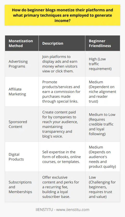 Methods of Monetization for Beginner BlogsFor novice bloggers entering the digital landscape, turning their passion into profit is the next big step. Monetizing a blog is not just about making money; it’s about understanding the relationship between your content, your audience, and the mechanisms that can drive income. Here are several effective strategies that beginners can employ:Advertising ProgramsOne of the most straightforward ways to monetize a blog is by joining online advertising programs. These platforms allow bloggers to display ads on their site. When visitors interact with these advertisements, whether by viewing or clicking them, bloggers earn money. This method is particularly welcoming for beginners as it doesn't require a high level of traffic to start earning small amounts.Affiliate MarketingAffiliate marketing is an excellent way for bloggers to start monetizing with relatively low traffic. By promoting products or services, bloggers can include special links in their posts. If readers click through these links and make a purchase, the blogger earns a commission. Key to this approach is aligning products with the blog's niche and maintaining the trust of the readership by only endorsing products the blogger genuinely recommends.Sponsored ContentGrowing blogs with a loyal following can attract sponsored content opportunities. Companies interested in the blogger’s audience will pay to have the blogger write a post about their product or service. To maintain credibility while embracing this method, it’s important that bloggers negotiate terms that do not compromise the blog’s voice and that all sponsored content is clearly indicated.Digital ProductsBlogging isn’t just about writing; it's also about expertise. Bloggers can package their knowledge into digital products such as eBooks, online courses, or downloadable templates. By identifying the needs and challenges of their audience, bloggers can create value-added digital products that readers are willing to purchase.Subscriptions and MembershipsMore personalized and in-depth content can be offered under subscription models or membership programs. These programs often provide exclusive content, community access, or special perks for a recurring fee. Though challenging to establish for a beginner blog, with time and trust, a membership model can create a reliable revenue stream.By applying these methods thoughtfully, such as involving themselves in advertising programs, affiliate marketing, creating sponsored posts, selling digital products, and launching subscription services, beginner bloggers can start their journey towards a profitable blogging career. Each technique provides unique challenges and rewards, and the effectiveness depends largely on the blogger's niche, audience engagement, and the consistent delivery of valuable content. Experimentation and adaptability are key components of a successful monetization strategy.