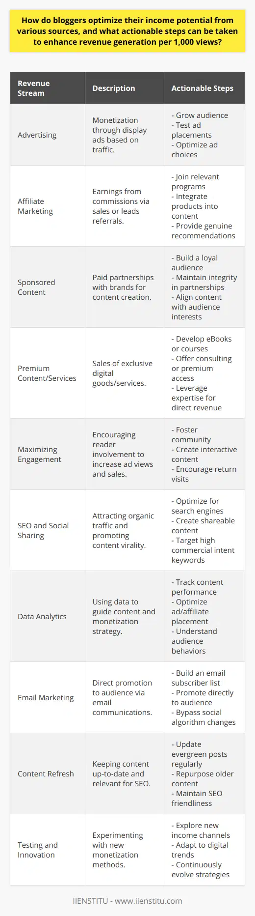 Successful bloggers often utilize a multifaceted approach to maximize their revenue potential. Here's how they harness various income sources and bolster earnings per 1,000 views.**Diversification of Revenue Streams**- **Advertising**: Bloggers can monetize their traffic via display advertising. The key here is to grow the audience, as more traffic equates to higher ad revenue. Placement and ad choice can significantly affect earnings, so testing different configurations and ad types can help identify the most profitable setups.- **Affiliate Marketing**: By joining affiliate programs relevant to their niche, bloggers earn commissions by referring sales or leads. The secret to affiliate marketing is the authentic integration of product recommendations into valuable content, providing readers with genuine advice while encouraging purchases.- **Sponsored Content**: Creating paid content for brands taps into a blogger's influence and requires a loyal audience. Maintaining integrity is vital; thus, selecting partnerships that resonate with the blog's theme and audience interests is essential.- **Premium Content and Services**: Bloggers diversify their income by selling eBooks, online courses, or access to premium content. Additionally, offering consulting or special services rooted in their expertise generates direct revenue from dedicated followers seeking deeper knowledge or skills.**Enhancing Revenue Generation per 1,000 Views**Increasing earnings for every thousand views involves strategic content and marketing decisions:- **Maximize User Engagement**: Fostering a community around the blog boosts return visits and time spent on the site, leading to more ad views and potential affiliate sales. Engaging content, interactive elements, and community platforms can turn casual visitors into loyal readers.- **Optimize Content for SEO and Social Shares**: Leveraging SEO to attract organic traffic, combined with shareable content on social media, expands reach and viewership. By targeting the right keywords and trends, bloggers can capture traffic with high commercial intent.- **Data Analytics**: Implementing analytics allows bloggers to track which content performs best and why. Understanding these metrics guides content strategies and optimizes the placement of ads or affiliate links to sites where they're most likely to convert.- **Email Marketing**: Cultivating an email list gives bloggers direct access to their audience, enabling them to promote content, products, or services. This method bypasses algorithm changes on social platforms and directly influences traffic and engagement.- **Continually Refresh and Update Content**: Regularly updating and repurposing older content keeps it relevant and SEO-friendly, providing a steady stream of traffic to the blog's evergreen posts.- **Testing and Innovation**: The digital landscape is constantly evolving, and so should monetization strategies. Testing new income streams, such as sponsored social media posts or membership programs, can uncover additional revenue channels.In summary, bloggers enhance their income by developing a diversified monetization portfolio, utilizing data-driven strategies, creating valuable content, and continuously evolving their approach to keep pace with digital trends. With commitment and adaptability, bloggers can optimize their revenue potential, yielding higher returns for their creative endeavors.