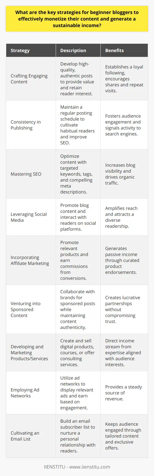 As a beginner blogger aiming to monetize content and generate a sustainable income, certain key strategies can be pivotal to success. Here is a curated guideline on how to turn a passion for writing into a financially rewarding endeavor.**Crafting Engaging and Authentic Content**The heart of a successful blog is captivating content. High-quality posts that provide value to readers encourage repeat visits and shares, ultimately establishing a loyal following. It's critical to understand your niche and audience, creating content that resonates and addresses their needs and interests.**Consistency in Publishing**A predictable posting schedule helps develop a habit among your readers to look forward to your content. Regular updates not only foster audience engagement but also signal to search engines that your site is active, enhancing your SEO efforts.**Mastering Search Engine Optimization (SEO)**A blog's visibility in search engine results is greatly influenced by SEO. By integrating targeted keywords naturally, optimizing tags, and creating compelling meta descriptions, you can significantly boost your blog's online presence, thus driving organic traffic to your site.**Leveraging Social Media Outreach**Utilizing social media platforms is a potent tool for content promotion. Creating shareable blog content and engaging with your audience on these platforms can amplify your reach and attract a wider readership.**Incorporating Affiliate Marketing**Affiliate marketing involves promoting products or services relevant to your content and receiving a commission for conversions. By strategically placing affiliate links within your blog, you encourage your readers to explore products you endorse, leading to passive income.**Venturing into Sponsored Content**A mutually beneficial partnership with brands for sponsored posts can be lucrative. It's important to maintain a balance between sponsored content and personal content so your blog doesn't lose its authenticity and trust among readers.**Developing and Marketing Products or Services**Your expertise might allow you to create digital products such as e-books, courses, or offer services like coaching or consulting. By marketing these on your platform, you cater to your audience's desire to learn more, creating an income stream tied directly to your blog.**Employing Ad Networks**Ad networks, when used appropriately, can provide a steady source of revenue. They display ads that are relevant to your content and readership, and you earn money based on ad engagement.**Cultivating an Email List**An email subscriber list is a goldmine for bloggers. Through emails, you can nurture a more personal relationship with your audience, keeping them informed and engaged with tailored content and exclusive offers.By weaving these strategies into your blogging blueprint, you can pave the way not just for short-term financial gains but for a thriving blog that sustains itself financially in the long run. It's imperative to maintain the quality of your content and to keep your readers at the forefront of every strategy you implement, as they are the foundation of your blog's success.