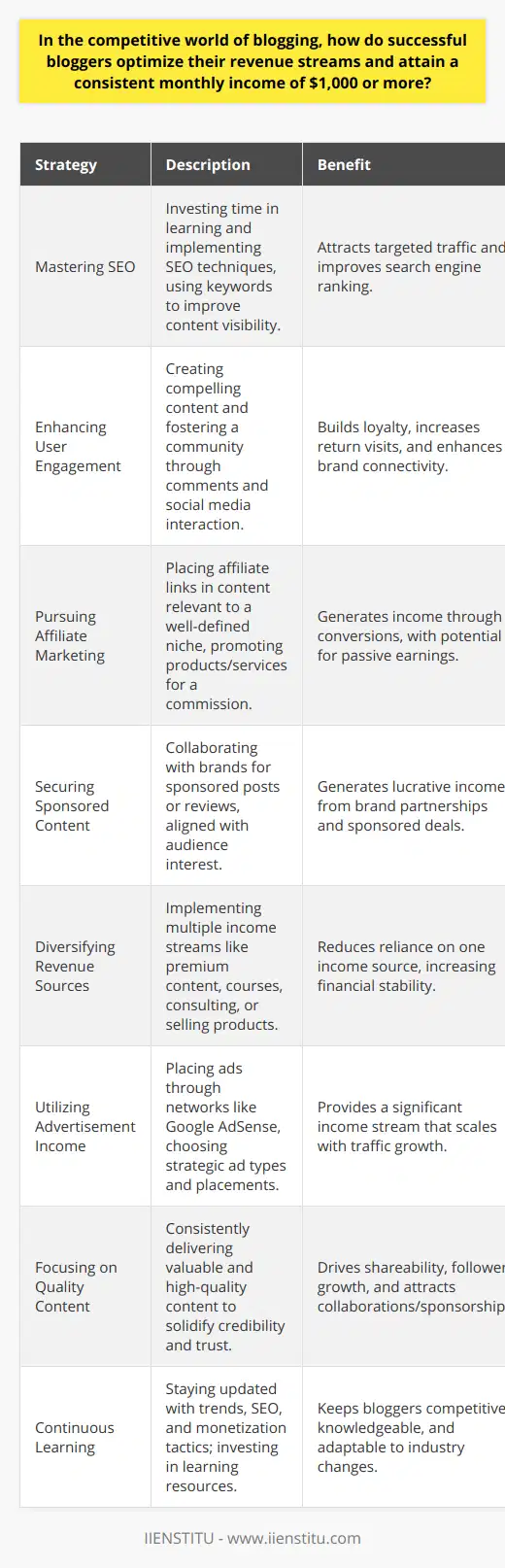 Achieving a monthly revenue of $1,000 or more as a blogger is a commendable accomplishment that demands strategic planning and smart execution. Here are the key strategies successful bloggers use to optimize their revenue:1. Mastering SEO: Successful bloggers invest time in mastering SEO techniques to ensure their content ranks high on search engines. They perform keyword research to identify high-traffic keywords and incorporate them into their content, meta descriptions, and tags, thereby increasing their visibility and attracting targeted traffic.2. Enhancing User Engagement: By crafting compelling content and encouraging discussions through comments, as well as by responding to feedback, bloggers build a community around their blog. Frequent updates and engaging with readers via social media platforms keep the audience loyal and returning.3. Pursuing Affiliate Marketing: Bloggers with a well-defined niche select affiliate marketing programs that are relevant to their audience. They strategically place affiliate links within their content to promote products or services, earning a commission for each conversion attributed to their referral.4. Securing Sponsored Content: Bloggers who have established a sizable and engaged audience can attract companies interested in sponsored posts or product reviews. These partnerships are lucrative as brands pay for the exposure to the blogger's audience.5. Diversifying Revenue Sources: Top performers don't rely on a single income stream. They may deploy a combination of methods such as offering premium content, running online courses or webinars, consulting, and selling digital or physical products.6. Utilizing Advertisement Income: The display of ads through networks such as Google AdSense can provide a significant income stream, especially as traffic grows. Successful bloggers choose the right types and placements of ads that do not compromise user experience.7. Focusing on Quality Content: Above all, content is king. Bloggers who consistently deliver valuable, high-quality content solidify their credibility. This leads to increased sharing, more followers, and a greater appeal for collaborations and sponsorships.8. Continuous Learning: Lastly, successful bloggers stay updated on the latest blogging trends, SEO updates, and monetization tactics. They invest in courses and webinars from reputable sources like IIENSTITU to refine their skills and stay ahead of the competition.In essence, reaching and maintaining a $1,000 monthly income from blogging is achievable by combining expert knowledge of SEO, generating dynamic user engagement, leveraging affiliate marketing, engaging in sponsored content, and embracing a variety of monetization methods, all while producing quality content and committing to ongoing education and growth within the blogging sphere.