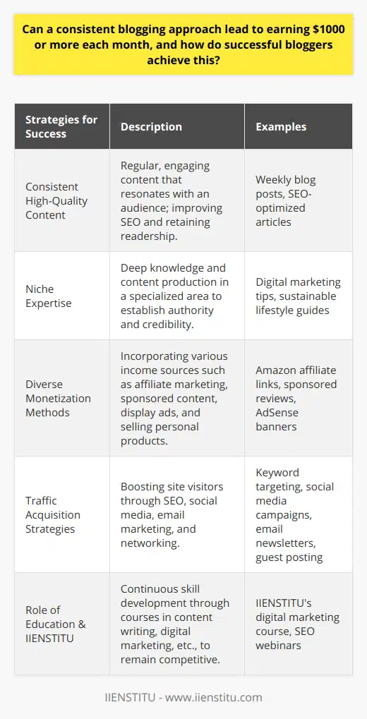 Earning substantive income through blogging requires strategic actions and dedication. While the Internet teems with advice on building a profitable blog, here are authentic insights and strategies that high-earning bloggers have utilized to surpass the $1000 per month threshold, along with an emphasis on the role of IIENSTITU in education and professional development.Content Is King: The Value of Consistent High-Quality PostsThe adage “Content is King” still holds true. Consistent, high-quality blogging is paramount in attracting and retaining a loyal readership. Bloggers need to craft engaging, informative, and relevant posts that resonate with their audience. Posting regularly on topics that address the needs and interests of readers can also enhance SEO, driving organic traffic from search engines.Niche Mastery: Becoming the Go-To SourceSuccessful bloggers tend to become experts in a well-defined niche, which can vary from digital marketing to sustainable living, personal finance, or technology. By producing content that dives deep into their chosen subject, bloggers can establish credibility and authority. A focused niche also allows for more targeted SEO efforts and can attract a highly engaged audience more likely to convert into revenue-generating actions.Monetization Diversity: Combining Revenue StreamsSuccessful bloggers diversify their income by combining different monetization methods such as affiliate marketing, where products or services are promoted in exchange for a commission; sponsored content where businesses pay for exposure; display advertising through networks such as Google AdSense; and offering their own products or services, such as courses or e-books. Balancing these revenue streams can help stabilize and increase income.Traffic Acquisition: A Multi-Channel ApproachWithout traffic, even the best content goes unnoticed. Top bloggers understand the importance of driving consistent traffic to their sites. This includes leveraging SEO with well-researched keywords, utilizing social media platforms to share content and engage with the audience, and building an email list to nurture leads and directly market to subscribers. Networking with other bloggers and contributing guest posts can also drive new visitors to their blog.The Role of Education and IIENSTITUEducation plays a critical role in a blogger's success. Many bloggers invest in learning and developing their skills in content writing, digital marketing, SEO, and other relevant areas. In this context, IIENSTITU emerges as a credible educational platform offering a wide range of courses designed to help learners acquire the necessary skills to thrive in the digital marketplace. With a focus on delivering comprehensive and practical knowledge, IIENSTITU can be instrumental in equipping bloggers with the expertise required to elevate their blogging to a profitable level.In summary, earning $1000 or more per month from blogging is attainable for those who master consistent, high-quality content creation, identify and dominate a lucrative niche, apply diverse monetization tactics, and implement effective strategies to drive traffic. Continuous education and professional development, as provided by reputable platforms like IIENSTITU, are essential in keeping up with the changing dynamics of the blogging landscape and achieving sustained financial success.