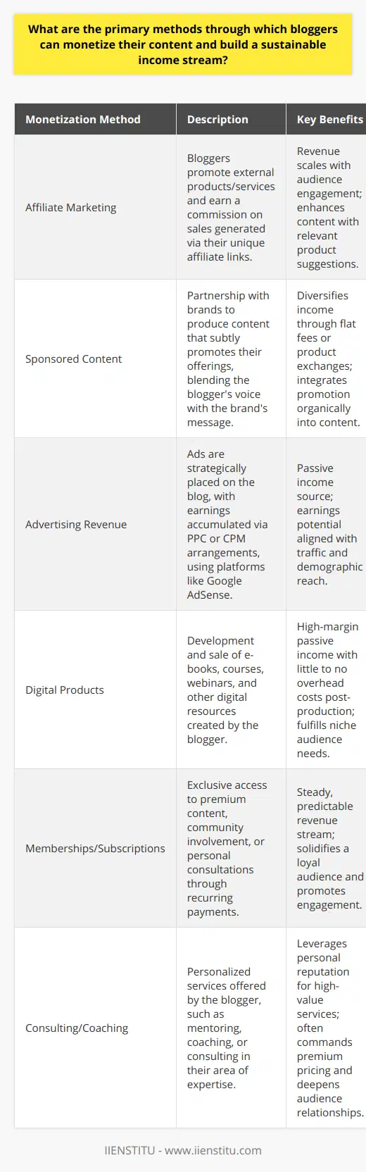 In the digital age, blogging is not merely a platform to share ideas and experiences—it has evolved into a lucrative business opportunity. Bloggers utilize a variety of monetization methods to transform their passion for writing and content creation into sustainable income streams. Here are the primary ways bloggers can make money from their blogs.Affiliate Marketing: Bloggers often engage in affiliate marketing by integrating links to products or services within their content. When readers click these links and make a purchase, the blogger earns a commission from the sale. The key is promoting products that are relevant and beneficial to the audience to maintain credibility and trust.Sponsored Content: Brands collaborate with bloggers to create sponsored content, such as posts or social media features. The content typically blends the blogger's personal touch with the brand's message to authentically engage readers. Compensation varies and can include flat fees, free products, or a combination.Advertising Revenue: Displaying ads is one of the oldest methods of monetization. Platforms like Google AdSense can automate the process, pairing relevant advertisements with the blog's content and audience. Bloggers earn money through pay-per-click (PPC) or cost-per-mille (CPM) schemes. Ad earnings can fluctuate significantly based on traffic and audience demographics.Digital Products: Many bloggers create their own digital goods, such as e-books, courses, webinars, or downloadable resources. Since these products often require little to no overhead costs once produced, they can become a steady source of passive income, especially if they address specific problems or needs of the target audience.Memberships or Subscriptions: Exclusive content is a magnet for dedicated audiences. Bloggers can establish membership or subscription plans offering tiered access to premium content, community forums, or consultations. This method provides predictable recurring income and helps cement a loyal reader base.Consulting and Coaching: Bloggers with recognized expertise might offer personalized services, such as consulting, coaching, or mentoring programs related to their niche. Whether it's business advice, fitness coaching, or career counseling, such services can be highly profitable and effectively monetize the blogger's reputation and knowledge.In conclusion, bloggers have a variety of monetization options at their disposal to monetize their content effectively. Combining these strategies—affiliate marketing, sponsored posts, ad revenue, selling digital products, offering subscriptions, or providing personal consulting services—can help bloggers cultivate diverse and steady income streams. By focusing on value and reader trust, bloggers can unlock the full potential of their content and thrive in the competitive online landscape.