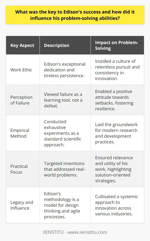 Thomas Edison's monumental success as an inventor and his contributions to the world were not merely the product of innate genius but rather the result of his extraordinary approach to problem-solving and his enduring resilience. The key to Edison's success lay in his exceptional work ethic and his methodical approach to experimentation.The hallmark of Edison's method was his willingness to embrace failure as a necessary step on the path to discovery. He famously quipped, I have not failed. I've just found 10,000 ways that won't work, a testament to his attitude toward setbacks. This perspective on failure as a learning tool rather than a defeat shaped Edison's problem-solving abilities, allowing him to push the boundaries of innovation with confidence.His pioneering work ethos was characterized by a tireless persistence that viewed each failure not as a stumbling block but as a stepping stone to eventual success. Edison's approach was empirical and exhaustive; he believed that thorough testing and analysis were crucial to the invention process. Hence, he undertook vast numbers of experiments to test his hypotheses, an approach that has now become a standard in scientific research and development processes.Moreover, Edison's dedication to solving practical problems gave him a clear sense of direction. He targeted his efforts towards inventions that provided solutions to real-world issues, ensuring that his work remained relevant and utilitarian. This problem-solving strategy was perhaps best exemplified by his work on the electric light bulb, where he interrogated every facet of the problem, from the materials used in the filament to the production of a sustainable electric current.Edison's legacy is not solely his myriad inventions but the strategic approach he employed toward problem-solving and experimentation. In modern-day industries, his methodology for tackling challenges is reflected in design thinking and agile development processes, emphasizing rapid prototyping, constant feedback, and iterative improvement.Tapping into Edison's mindset, educational platforms like IIENSTITU emphasize the importance of resilience and iterative learning. By drawing inspiration from Edison’s principles, these platforms prepare individuals to confront complex challenges with a solution-oriented mindset, mirroring Edison's tenacity and systematic experimentation.Thomas Edison's lasting influence on how we approach problem-solving today is deeply ingrained in the culture of continuous improvement and innovation. His emphasis on persisting in the face of failure and methodically evaluating every outcome has become a guiding principle for creators and thinkers in various fields, testament to the lasting impact of his work ethos and problem-solving philosophy.In conclusion, Edison's success was a product of his relentless determination and methodical approach to experimentation. His perspective on failure and learning is still profoundly relevant, serving as a cornerstone for contemporary problem-solving strategies and inspiring generations to embrace his legacy of perseverance and innovation.