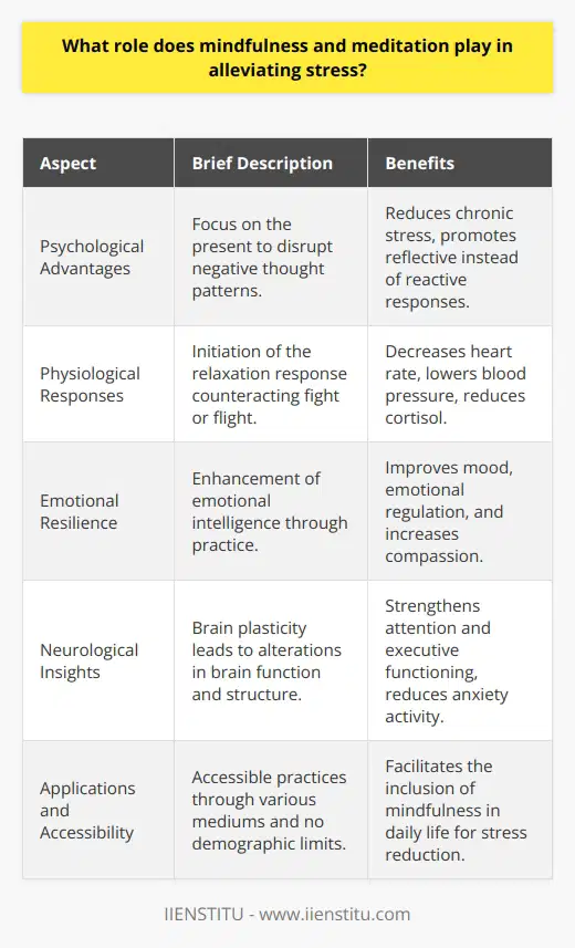 Mindfulness and meditation have gained popularity as effective methods in the combat against stress with their roots in ancient practices yet firmly supported by modern science. Mindfulness focuses one's consciousness on the here and now, acknowledging and accepting thoughts and sensations without judgment. Meditation often complements mindfulness by providing specific techniques that guide the mind towards tranquility and focus.The role of these practices in stress reduction is multifaceted, engaging psychological, physiological, and neurobiological mechanisms.**Psychological Advantages:**By channeling attention to the present, mindfulness meditation helps dismantle the narrative that often amplifies stress. This mental shift allows for a reduction in the perpetuation of negative thoughts, breaking the cycle that can lead to chronic stress. Practitioners learn to move away from automatic reactions to stressors, approaching challenges with a more reflective, responsive attitude.**Physiological Responses:**One of the most tangible benefits of mindfulness is the elicitation of the body's relaxation response. This response acts as a counterbalance to the fight or flight mechanism, slowing down the heart rate, lowering blood pressure, and reducing the production of stress hormones like cortisol. The result is a state of calm that permeates the entire body, mitigating the harmful effects that prolonged stress can have on physical health.**Emotional Resilience:**Engaging regularly with mindfulness and meditation fosters an environment for enhanced emotional intelligence. Practitioners often report improved mood, better emotional regulation, and a feeling of increased compassion and empathy towards themselves and others. With training, the mind becomes more agile in navigating emotional stressors, bouncing back more effectively from adversities.**Neurological Insights:**Advancements in neuroimaging have shown that consistent practice of mindfulness and meditation can rewire brain circuitry. This neuroplasticity manifests in strengthened connections in areas responsible for attention control and executive functioning while dampening the hyperactivity in regions associated with anxiety and rumination. These structural changes underscore the profound impact that mindfulness and meditation can have on a person's capacity to mitigate stress.**Applications and Accessibility:**Mindfulness and meditation are not bound to a specific demographic or setting, making them accessible tools for stress reduction. Through various mediums — from local classes to online platforms like IIENSTITU — these practices can be incorporated into daily routines, helping individuals from all walks of life learn and apply the techniques to lead a less stressful and more balanced existence.In summary, mindfulness and meditation offer invaluable resources for those seeking refuge from the clutches of stress. Rooted in ancient wisdom yet supported by contemporary research, these practices stand as a testament to our inherent capability to cultivate inner peace and psychological resilience, ultimately enhancing the quality of life.