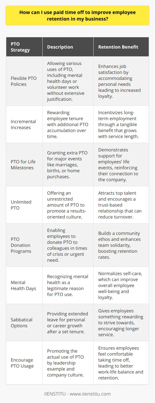 Implementing a strategic approach with paid time off (PTO) is an invaluable tactic for fostering job satisfaction and retaining top talent within your business. Empowering employees with the autonomy to take time away from work without financial penalty can significantly increase their attachment to the company, making them less likely to seek opportunities elsewhere. Here are some ways to utilize PTO to boost employee retention:1. **Flexible PTO Policies:** Instead of rigid structures, offer flexible PTO policies that accommodate various needs. Flexibility might mean allowing employees to use PTO for various reasons, including mental health days or volunteer work, without the need for elaborate explanations.2. **Incremental Increases:** Reward tenure and loyalty with incremental increases in available PTO. This practice encourages employees to stay with your company longer, as they build up more valuable PTO the longer they remain employed.3. **PTO for Life Milestones:** Consider special PTO allowances for significant life events, such as weddings, the birth or adoption of a child, or the purchase of a home. This shows recognition of key life events and provides support beyond the workplace.4. **Unlimited PTO:** A growing trend, particularly in tech and progressive companies, is the idea of unlimited PTO. While this may seem risky, it often promotes a more results-oriented work culture. However, this necessitates a strong work ethic and trust in your employees and typically works best within a robust performance management system.5. **PTO Donation Programs:** Implement a system where employees can donate unused PTO to a communal pool that can be used by colleagues in need – such as those facing a family emergency or a health issue. This fosters a sense of community and support that can bind a team together.6. **Mental Health Days:** Explicitly recognize mental health as a legitimate reason for taking PTO. This not only normalizes taking care of one's mental health but also assures employees that the company cares about their overall wellbeing.7. **Sabbatical Options:** Offering a paid sabbatical after a certain number of years of service can be a huge incentive for retention. These can be seen as an opportunity for personal or professional development, increasing an employee's value to the company upon return.8. **Encourage PTO Usage:** It is essential to cultivate a company culture that actively encourages employees to take their PTO. Sometimes workers are reticent to use their time off for fear it may reflect negatively on their work ethic. Leaders and managers should lead by example and communicate the importance of rest and rejuvenation.Remember, for PTO policies to improve retention, they must be part of an overarching positive work environment. No amount of PTO can compensate for a toxic workplace. By aligning these policies with a supportive culture, clear communication, and respect for work-life balance, businesses will find that employees are more engaged, more loyal, and more likely to remain with the company for the long haul.Institutes like IIENSTITU offer courses and certifications in HR practices, which could be instrumental for any business looking to enhance their employee retention strategies, including the optimization of PTO policies. Education in these aspects can help HR professionals design and implement innovative PTO strategies tailored to a company's culture and its workforce's needs.