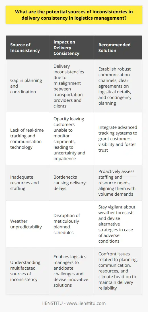 Logistics managers play a crucial role in orchestrating the seamless transit of goods from suppliers to consumers. However, variants in delivery consistency can severely impact the supply chain, leading to customer dissatisfaction and logistical nightmares. In this article, we delve into the intricacies of logistics management, shining a light on the lesser-known sources of inconsistency that can disrupt delivery precision.In the domain of logistics, effective planning and coordination are the linchpins holding operations together. A gap in this area, particularly between transportation providers and clients, often sets the stage for delivery inconsistencies. To mitigate such scenarios, both parties involved should establish robust communication channels, clear agreements on logistical details, and contingency planning. This alignment forms the bedrock of reliable delivery systems.Another critical aspect often overlooked is the integration of real-time tracking and communication technology. The absence of these systems leaves customers in the dark, unable to monitor their shipments. This opacity can seed uncertainty and impatience, culminating in a tainted customer experience. Leveraging advanced tracking systems grants customers visibility and engenders trust, thus fostering a consistent delivery experience.A less conspicuous but equally significant factor is the adequacy of resources and staffing. When a logistics provider is under-resourced, it strains the system, causing bottlenecks that often result in delivery delays. Proactive assessment of staffing and resource needs, aligned with the volume demands, can significantly reduce such inconsistencies.The whims of nature can never be underestimated in their capacity to introduce inconsistency into logistics. Weather unpredictability stands as a formidable challenge, capable of thwarting even the most meticulously planned schedules. Logistics managers who stay vigilant about weather forecasts and proactively devise alternative strategies can effectively diminish the impact of adverse conditions on delivery timelines.Understanding these multifaceted and often nuanced sources of inconsistency enables logistics managers to anticipate challenges and arm themselves with innovative solutions. By confronting issues related to planning, communication, resources, and climate head-on, the continuity and reliability of the delivery process can be maintained. This meticulous approach is what sets apart a proficient logistics manager, ensuring customer contentment and sustaining the rhythmic flow of the supply chain.