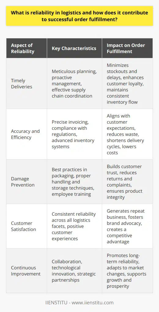 Reliability in logistics is a fundamental cornerstone that businesses across all industries strive to achieve to enhance their order fulfilment success. It encompasses various aspects, including on-time delivery, accuracy and efficiency, damage prevention, and ultimately, a commitment to delivering customer satisfaction.A. Timely DeliveriesThe punctuality of a logistics operation determines its reliability substantially. By ensuring that products are consistently delivered within the promised time frame, businesses can avoid the detrimental impacts of stockouts and delays. Timely logistics operations require meticulous planning, forecasting, proactive management of transportation activities, and effective coordination among all stakeholders in the supply chain. It keeps the inventory flowing smoothly, enables accurate forecasting for future demand, and prevents loss of sales, thus keeping customers content and loyal.B. Accuracy and EfficiencyAccuracy in logistics involves meticulous attention to detail in every segment of the supply chain. This goes beyond just delivering the correct products; it encompasses precise invoicing, compliance with shipping regulations, and meeting any specific customer requirements. Efficiency refers to the optimization of resources and processes to reduce waste, shorten delivery cycles, and lower operational costs. Advanced inventory management systems, technology integration, and continuous process improvements are instrumental in enhancing logistics accuracy and efficiency. These factors tightly align with customer expectations, enforcing a perception of reliability.C. Damage PreventionProducts that arrive damaged can erode customer trust and pose a challenge in achieving successful order fulfillment. Damage prevention is an area where logistics must prove its robustness and reliability. Best practices in packaging, utilizing the right materials, and applying appropriate handling and storage techniques are imperative components. Additionally, training employees to be aware of and adhere to these best practices ensures the products are handled with care throughout the entire supply chain.D. Customer SatisfactionThe ultimate objective of a logistics system is to instill customer satisfaction through a track record of reliability. Satisfied customers become repeat customers and serve as brand ambassadors, sharing their positive experiences with others. All aspects of reliability—from timely deliveries to damage prevention—feed directly into customer satisfaction. A business with a known record for dependable logistics will be favored by customers, creating a competitive advantage that's difficult for competitors to imitate.In crafting a reliable logistics system, businesses and logistics providers often collaborate to continuously assess and improve their supply chain operations. Innovations in technology, strategic partnerships, and a commitment to excellence are essential factors in promoting reliability.The emphasis on reliability within logistics is a testament to its critical importance in shaping the customer experience and building a resilient business capable of sustaining growth and prosperity in an ever-changing marketplace.