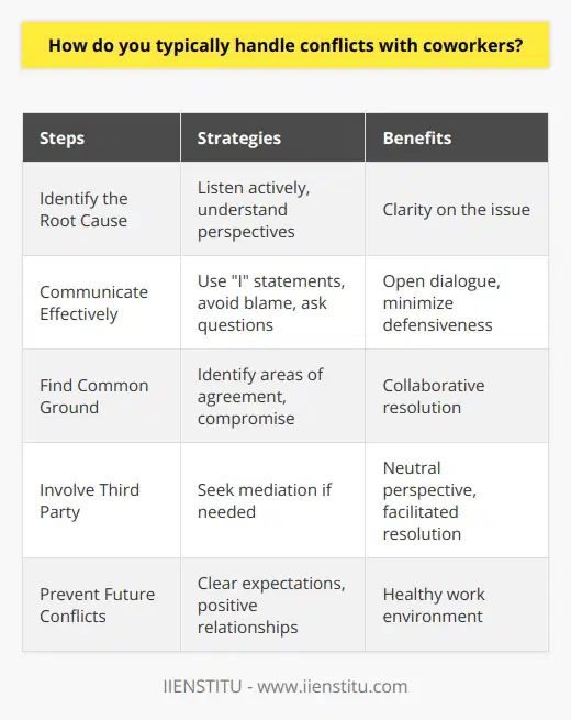 Handling conflicts with coworkers requires a proactive and professional approach to maintain a healthy work environment. The first step in managing conflicts is to identify the root cause of the issue. This involves actively listening to the other persons perspective and concerns. Once the problem is clearly defined, its essential to find a private and neutral location to discuss the matter calmly and respectfully. Effective Communication During the discussion, focus on using  I  statements to express your thoughts and feelings without placing blame. For example, instead of saying,  You always interrupt me during meetings,  try saying,  I feel disrespected when Im interrupted while speaking.  This approach helps to minimize defensiveness and promotes open communication. Its also crucial to avoid making assumptions and to ask questions to clarify any misunderstandings. Finding Common Ground When working towards a resolution, aim to find common ground and identify areas of agreement. This helps to build a foundation for compromise and collaboration. Be willing to make concessions and consider alternative solutions that can satisfy both parties. If the conflict persists or escalates, it may be necessary to involve a neutral third party, such as a supervisor or human resources representative, to mediate the situation. Preventing Future Conflicts To prevent future conflicts, its important to establish clear expectations and boundaries with coworkers. Regularly communicate updates, deadlines, and responsibilities to avoid misunderstandings. Additionally, make an effort to build positive relationships with colleagues by showing respect, offering support, and celebrating successes together. Continuous Improvement Handling conflicts with coworkers is an ongoing process that requires self-reflection and personal growth. Seek feedback from trusted colleagues or mentors to identify areas for improvement in your communication and conflict resolution skills. Attend workshops or training sessions to learn new techniques and strategies for managing difficult situations. Key Takeaways In summary, effectively handling conflicts with coworkers involves identifying the issue, communicating openly and respectfully, finding common ground, and working towards a mutually beneficial resolution. By proactively addressing conflicts and building strong relationships with colleagues, you can foster a positive and productive work environment.