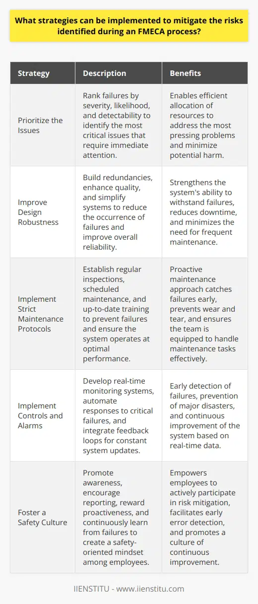 Introduction to FMECA Mitigation Strategies Failure Modes, Effects, and Criticality Analysis (FMECA) identifies potential product or process failures. This preventive action serves industries well. It targets reliability and safety. Once we spot risks, we must manage them. Effective strategies make workplaces safer. They also improve systems. Lets explore these strategies now. Prioritize the Issues Rank Failures by Severity Firstly, assess the impact. Use criticality scores wisely. Rank failures by potential harm. Focus on top-scoring issues. They deserve immediate attention. Sort by Likelihood Secondly, consider occurrence rates. Address common failures swiftly. Less frequent issues may wait. Evaluate Detectability Thirdly, think about detection. Can you spot the failure early? Improve the odds here. Improve Design Robustness Build Redundancies Strengthen your systems. Add backup components. Ensure they take over smoothly. Enhance Quality Higher quality reduces failures. Select better materials. Apply refined processes accordingly. Simplify Systems Complex designs fail more. Simplify where possible. Streamline for better reliability. Strict Maintenance Protocols Regular Inspections Inspect often. Catch failures early. Prevent bigger problems efficiently. Scheduled Maintenance Maintain regularly. Follow a strict schedule. Prevent wear and tear. Up-to-Date Training Train continually. Ensure team skillfulness. They must handle maintenance tasks well. Implement Controls and Alarms Create Monitoring Systems Develop real-time monitors. Alerts should come before major failures. Automate Responses Consider automatic shutdowns. Use them for critical failures. They can prevent disasters. Feedback Loops Feedback improves systems. Integrate it for constant updates. Adjust accordingly. Foster a Safety Culture Promote Awareness Education is key. Knowledge empowers employees. Keep them informed always. Encourage Reporting Make reporting easy. Errors spotted early can save much. Reward Proactiveness Incentivize good practices. Recognize employees that avert risks. Continuous Improvement Learn from Failures Document each failure. Analyze them deeply. Adapt to new insights. Audit the FMECA Process Review FMECA regularly. Look for missed risks. Update your analyses. Innovate Constantly Aim for better solutions. Embrace new technologies. They can revolutionize safety. Conclusion In conclusion, FMECA outlines the map. Strategies are the vehicle. Drive improvements with them. Enhance reliability effectively. Boost safety for all. Each step you take builds a more resilient future. Remember, prevention beats correction. Always.