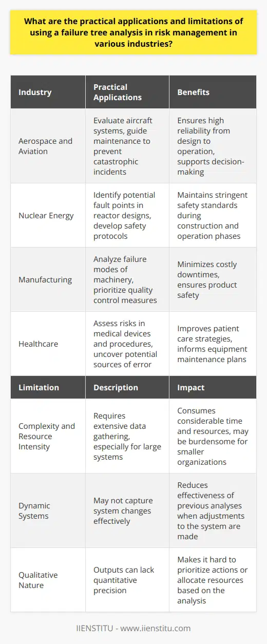 Practical Applications of Failure Tree Analysis Failure Tree Analysis (FTA) is a robust technique. Organizations across industries use it. They aim to assess and mitigate risks. FTA identifies root causes of failures. It does so by breaking down complex systems. Engineers and safety professionals often employ FTA. Thus, it finds applications in several fields. Aerospace and Aviation In these sectors, safety is non-negotiable. FTA helps understand what might fail. Reliability engineers use it to evaluate aircraft systems. Maintenance teams do too. They work to prevent catastrophic incidents. As such, FTA guides decision-making. It ensures high reliability from design to operation. Nuclear Energy Here, the cost of failure is immense. FTA becomes indispensable. It identifies potential fault points in reactor designs. Safety protocols derive from its outputs. FTA processes oversee both the construction and the operation phases. As a result, nuclear facilities maintain stringent safety standards. Manufacturing Industry The method reduces production risks. It does so by analyzing failure modes of machinery. Manufacturers prioritize FTA in quality control measures. They also apply it in the design and testing of products. Such analysis minimizes costly downtimes. It also ensures product safety. Healthcare Patient safety is paramount. FTA assesses risks in medical devices and procedures. It uncovers potential sources of error. Healthcare workers rely on the insights. They improve patient care strategies. FTA also informs equipment maintenance plans. Limitations of Failure Tree Analysis Despite its benefits, FTA has limitations. Knowing these is critical to apply the technique effectively. Complexity and Resource Intensity FTA can be complex. It requires extensive data gathering. Large systems pose a challenge. The process consumes considerable time and resources. Smaller organizations may find it burdensome. Dynamic Systems Systems often change. FTA may not capture such dynamics well. Adjustments to the system necessitate new analyses. This may reduce the effectiveness of previous FTAs. Qualitative Nature FTA outputs can be qualitative. They might lack quantitative precision. This can make it hard to prioritize actions. Or to allocate resources based on the analysis. Overlooking Human Error Failures are not always technical. Human error plays a role. Traditional FTA might not fully account for this. It may focus too much on hardware or software failures. Unanticipated Events FTA depends on foreseeable faults. Surprise events may not show up in analyses. Such events can still cause significant failures. FTA might give a false sense of security in such cases. Conclusion Failure Tree Analysis is a powerful tool . It carries significant merit in risk management. Industries benefit from its systematic approach. However, awareness of its limitations is crucial. Proper use demands a complementary suite of risk assessment tools. Together, they strengthen industry safety and reliability measures.
