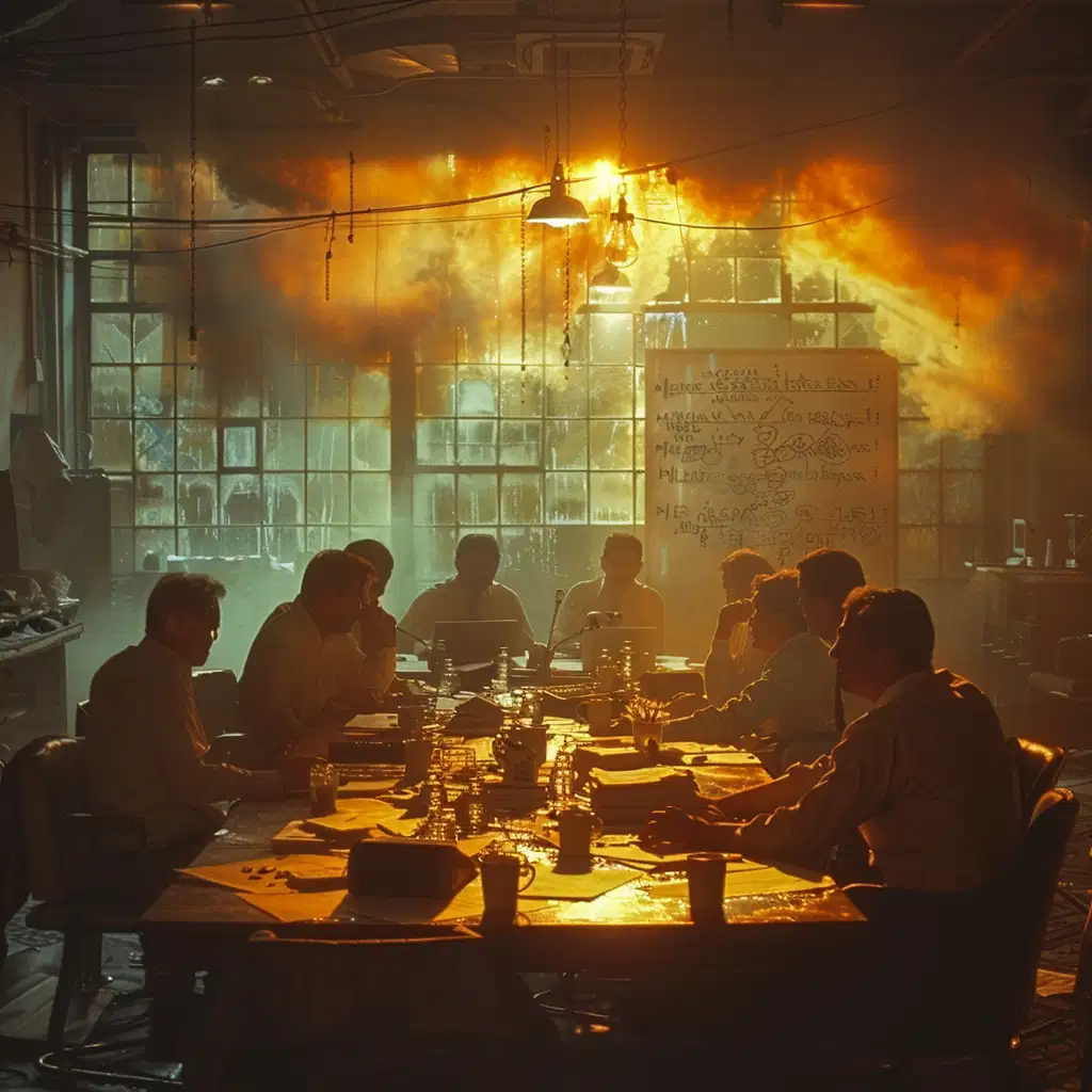 The scent of stale coffee and frustration hangs in a dimly lit conference room.  Hear the sounds of papers rustling, chairs creaking, and exasperated sighs.  Feel the tension in the air as executives and engineers wrestle with a complex problem. Papers litter the table, data clashes on laptop screens, while a whiteboard stands covered in half-formed solutions and unanswered questions. A half-finished puzzle sits abandoned on the table, its mismatched pieces mirroring the team's struggle. This is a scene of a challenge met, a roadblock in the path of achieving improvement.