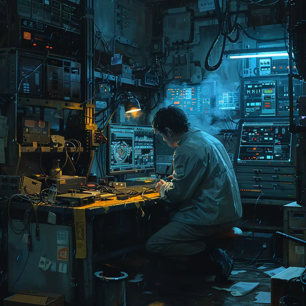 Imagine a dimly lit workshop filled with the hum of computers and the faint smell of metal. You can almost hear the whirring of fans and the click of keys as an analyst works. Feel the cool touch of a steel workbench scattered with tools: screwdrivers, a soldering iron with a tendril of smoke, and the shattered remains of a machine component marked with yellow warning tape. Wires and cables sprawl across the workbench, tracing invisible connections and data flows. The atmosphere is tense but focused. It's a scene where problems are dissected, connections are traced, and a solution awaits discovery.