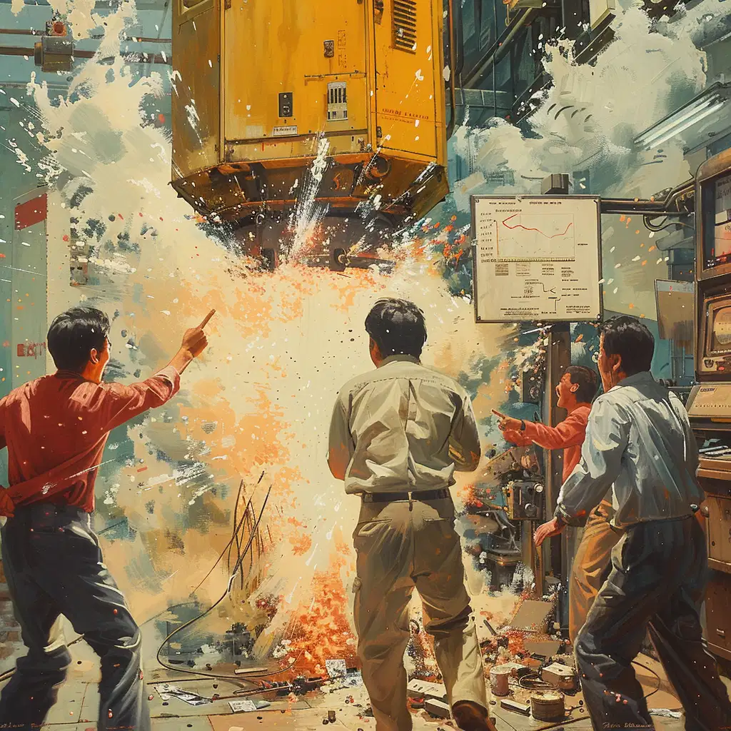 The painting is a cacophony of sound and color. The shrill sound of alarms pierces the air, mingling with the shouts of workers and the whirring of machinery. The smell of smoke and hot metal fills the air. The factory floor is a blur of yellow, orange, and red, with sparks flying and workers running in all directions. In the center of the chaos, a large machine has malfunctioned and is spewing sparks. A group of workers is gathered around the machine, trying to figure out what went wrong. One worker is holding a fire extinguisher, while another is trying to shut off the machine. In the background, a technician is sitting at a computer, monitoring the situation. The scene is one of chaos and panic, but there is also a sense of determination and hope. The workers are working together to try to fix the machine and prevent a disaster.