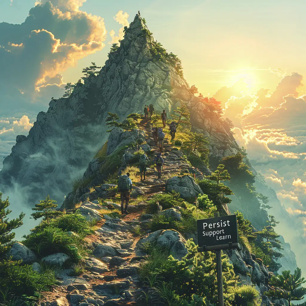 The scene is set on a rugged, yet scenic hiking trail that metaphorically represents the path to achieving goals. It features a diverse group of individuals at different stages of the trail, each facing and overcoming various challenges. One person might be navigating a rocky part of the trail, symbolizing breaking down goals into manageable steps. Another individual is receiving help from a fellow hiker, representing the importance of seeking support. A third person is pausing to look back over the path they've come, reflecting on past challenges to learn from them. Throughout the scene, elements like stones or signposts carry motivational words such as "Persist", "Support", and "Learn". The overall atmosphere is one of resilience and determination, highlighted by a hopeful sunrise casting warm light over the landscape, suggesting the dawn of new possibilities and the overcoming of hurdles.