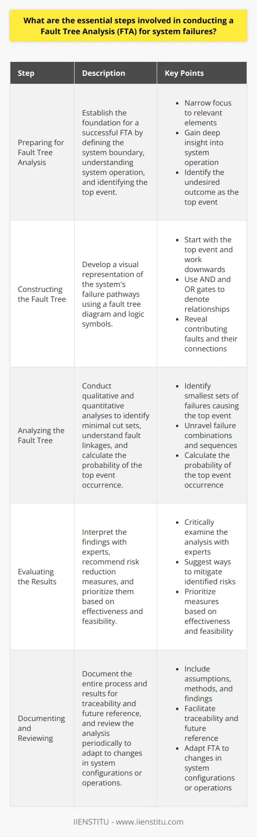 Introduction to Fault Tree Analysis Fault Tree Analysis (FTA) constitutes a methodical and deductive tool. It serves to analyze system reliability and safety. FTA mainly investigates high-level failures. Experts apply it in various fields, from engineering to safety evaluations. Preparing for Fault Tree Analysis Define the system boundary. It narrows the focus to relevant elements only. Understand system operation thoroughly. This deepens insight for accurate FTA application. Identify the top event as the starting point of the analysis. This event typically symbolizes a system failure or undesired outcome. Constructing the Fault Tree Develop a fault tree diagram . Use it to visualize the systems failure pathways. The diagram starts with a single top event. You then work downwards to reveal contributing faults. Use logic symbols to denote the relationships between events. Common symbols include AND and OR gates. Analyzing the Fault Tree Identify minimal cut sets . These are smallest sets of failures that cause the top event. Perform qualitative analysis to understand fault linkages. This step unravels failure combinations and sequences. Conduct quantitative analysis if needed. It calculates the probability of the top event occurrence. Evaluating the Results Interpret the findings with experts. This should involve a critical examination of the analysis. Recommend risk reduction measures . It implies suggesting ways to mitigate identified risks. Prioritize these measures based on their effectiveness and feasibility. Documenting and Reviewing Document the entire process and results . It facilitates traceability and future reference. Ensure to include assumptions, methods, and findings. Review the analysis periodically . It adapts the FTA to changes in system configurations or operations. Conclusion Successful FTA implementation requires precision, attention to detail, and critical thinking. It offers invaluable insight into potential failure modes. FTA paves the way for enhancing system resilience and safety. Regular reviews ensure the FTA remains relevant and effective.