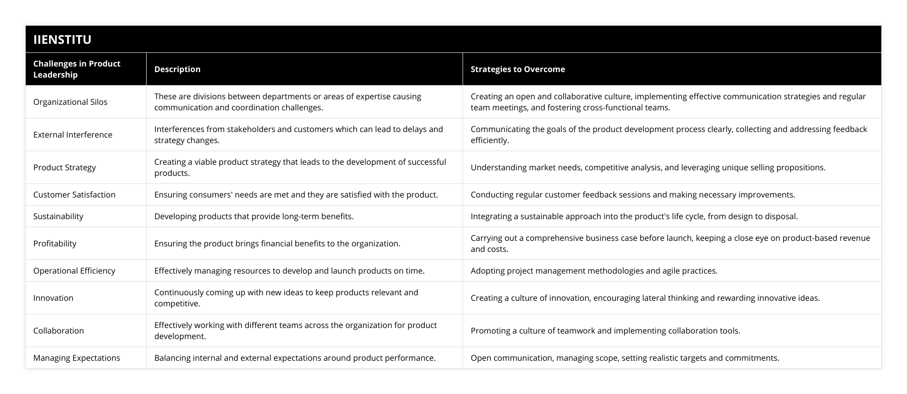 Organizational Silos, These are divisions between departments or areas of expertise causing communication and coordination challenges, Creating an open and collaborative culture, implementing effective communication strategies and regular team meetings, and fostering cross-functional teams, External Interference, Interferences from stakeholders and customers which can lead to delays and strategy changes, Communicating the goals of the product development process clearly, collecting and addressing feedback efficiently, Product Strategy, Creating a viable product strategy that leads to the development of successful products, Understanding market needs, competitive analysis, and leveraging unique selling propositions, Customer Satisfaction, Ensuring consumers' needs are met and they are satisfied with the product, Conducting regular customer feedback sessions and making necessary improvements, Sustainability, Developing products that provide long-term benefits, Integrating a sustainable approach into the product's life cycle, from design to disposal, Profitability, Ensuring the product brings financial benefits to the organization, Carrying out a comprehensive business case before launch, keeping a close eye on product-based revenue and costs, Operational Efficiency, Effectively managing resources to develop and launch products on time, Adopting project management methodologies and agile practices, Innovation, Continuously coming up with new ideas to keep products relevant and competitive, Creating a culture of innovation, encouraging lateral thinking and rewarding innovative ideas, Collaboration, Effectively working with different teams across the organization for product development, Promoting a culture of teamwork and implementing collaboration tools, Managing Expectations, Balancing internal and external expectations around product performance, Open communication, managing scope, setting realistic targets and commitments