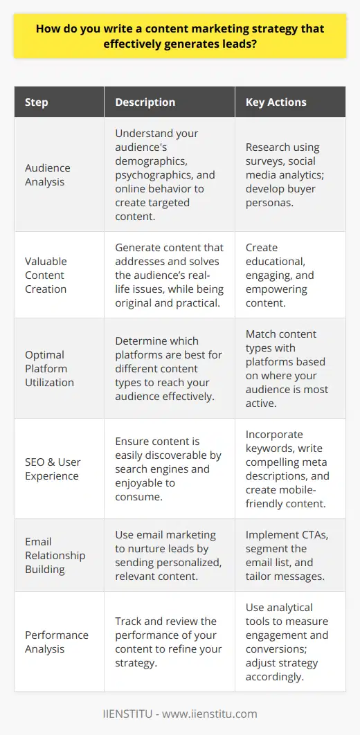 Creating a content marketing strategy that effectively generates leads is a delicate balance between understanding your audience and delivering targeted content that captures their interest and compels them to engage with your brand. Here's a streamlined guide to crafting such a strategy.1. **Deep Dive into Audience Analysis**: To generate leads, you first need to know who you're speaking to. Dive deep into audience demographics, psychographics, and behavior patterns. Online tools, surveys, and social media analytics offer rich insights into what your target audience seeks, their online behavior, and the types of content they prefer. Creating detailed buyer personas will serve as a blueprint for your content strategy. The more accurately you can predict your audience's needs and issues, the better you can cater to them with relevant content.2. **Create Content with Real Value**: Your content should address the actual needs and solve real problems for your audience. Content that educates, entertains, and empowers tends to engage readers and inspire them to view your brand as a trusted authority. Originality in your approach and a fresh perspective on common issues can make your content stand out. Don't just add to the noise; be the voice that offers practical solutions.3. **Utilize the Optimal Platforms**: Different content types perform better on different platforms. Articles and blog posts can thrive on your website supplemented by SEO, while video content may gain more traction on social media channels. Understanding where your audience spends their time is key to placing your content in their line of sight. Your strategy should map out which types of content will be distributed on which platform to maximize reach and engagement.4. **Prioritize SEO and User Experience**: Optimizing content for search engines should go hand in hand with creating an enjoyable reading experience. Use keywords naturally, write compelling meta descriptions, and ensure your content is mobile-friendly. Easy-to-read content with plenty of white space, images, and headings is more accessible and can lead to higher engagement and sharing.5. **Cultivate Relationships via Email**: Email marketing remains a powerful tool for nurturing leads. With effective calls-to-action strategically placed within your content, you can convert readers into subscribers. Send them personalized content based on their interests and interactions with your brand. Segmenting your email list allows you to tailor your messages to different groups, increasing the content's relevance and the subscriber's likelihood to advocate for or purchase your product.6. **Measure, Analyze, Adapt**: An often overlooked step is the analysis of your content's performance. Tools that track website traffic, user engagement, and conversion rates can provide valuable feedback on your strategy's effectiveness. Adjust your methods according to the data; perhaps certain topics resonate more with your audience or a particular platform yields better results. This refinement process is critical in honing a strategy that consistently generates leads.By following these guidelines, your content marketing strategy can blossom into a lead-generating powerhouse. Remember, the game's name is relevance and personalization; understanding and addressing your audience's needs are what attracts and converts them into bona fide leads.