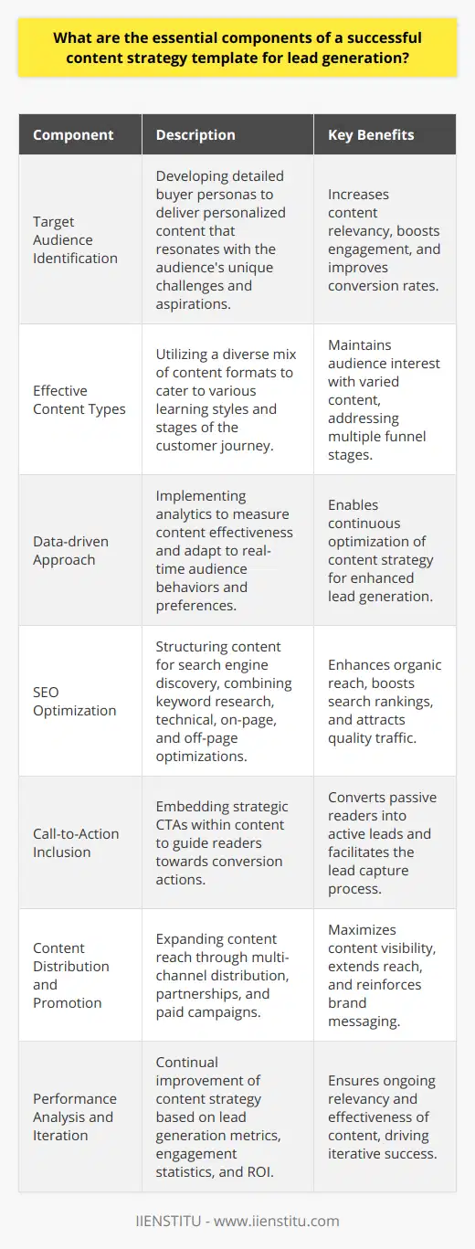 A robust content strategy is at the heart of lead generation in digital marketing. By crafting a comprehensive content strategy template with a focus on attracting and converting prospects, organizations can successfully navigate the competitive landscape of online engagement. Here’s a breakdown of the essential components needed to elevate a content strategy aimed at generating leads:**Target Audience Identification**Crucial to a content strategy is a laser focus on the target audience. Developing buyer personas that encapsulate the varied demographics, psychographics, and behavioral tendencies of potential customers allows content creators to deliver relevant and personalized content. Deep understanding of the audience’s challenges and aspirations ensures that the content resonates and drives engagement.**Effective Content Types**Diversity in content formats ensures that a content strategy appeals to different learning styles and preferences. Selecting the right mix, from educational webinars to compelling blog posts or interactive e-books, helps maintain the interest of a diverse audience base. The versatility of a content strategy lies in generating different types of content that can address multiple stages of the customer journey.**Data-driven Approach**Applying a data-driven paradigm to content strategy is indispensable. Utilizing analytics tools, marketers can gauge the effectiveness of different types of content and gain insights into audience behavior. Content strategy must be grounded in real-time data to continuously optimize the approach, tailoring content to evolving audience needs and maximizing lead generation potential.**SEO Optimization**Organic search remains a dominant avenue for discovery, and hence, SEO is a cornerstone of content strategy. SEO entails more than just keyword research; it involves structuring content that search engines favor, and users find valuable. This incorporates a blend of technical optimization, on-page content refinement, and off-page activities like link building to boost visibility and attract organic leads.**Call-to-Action Inclusion**Calls-to-action (CTAs) are the hook that reels in a potential lead after engaging with content. Each piece of content should clearly direct the reader to the next step, whether it is signing up for a newsletter, scheduling a demo, or downloading a white paper. Strategically placed, compelling CTAs are instrumental in converting passive readers into active leads.**Content Distribution and Promotion**Creating standout content is just one part of the equation; proactive distribution and promotion amplify its reach. This entails leveraging various channels—social media, email marketing, guest blogging—to ensure content visibility. Marketers must also consider partnership opportunities, influencer marketing, and paid campaigns to extend reach and reinforce message touchpoints.**Performance Analysis and Iteration**A dynamic content strategy thrives on continual improvement. By monitoring key metrics such as lead generation rates, engagement statistics, and ROI, marketers can fine-tune their strategies, adapting content for maximum impact. This ongoing iterative process, informed by performance analysis, ensures the content remains effective and relevant.By weaving together these essential components, enterprises and platforms like IIENSTITU can craft a content strategy designed for optimal lead generation. A strategy that resonates with the audience, ranks highly in search engines, and encourages action will position any organization to capture and convert leads, driving business success in the digital ecosystem.