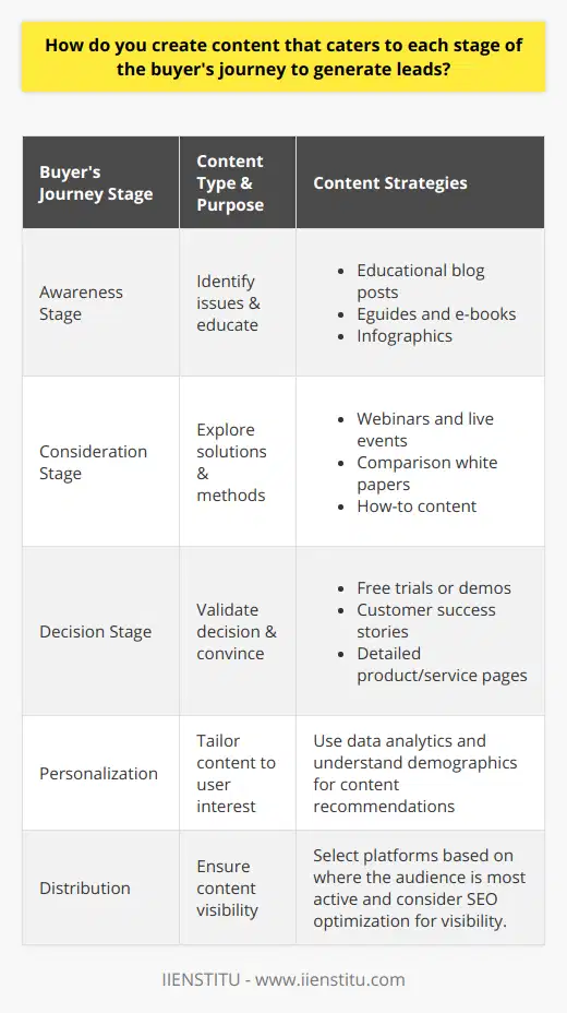 Creating content that aligns with the buyer's journey isn't just about generating any content – it's about creating the right content that speaks to the potential customer at their specific stage of the journey. Each piece of content should be designed to address the buyer’s needs and guide them to the next stage until they're ready to make a purchase.**1. Awareness Stage Content**At the awareness stage, your potential customers are experiencing and expressing symptoms of a problem or opportunity. They are performing educational research to more clearly understand, frame, and give a name to their problem.Content that works well in this stage includes:- **Educational blog posts**: Write articles that address common issues or questions in your industry, without a hard sell on your products or services.- **Eguides and e-books**: Offer more comprehensive guides on relevant topics that can be downloaded in exchange for an email address, allowing you to start nurturing leads.- **Infographics**: Create visual content that simplifies complex data or information into a more digestible format.**2. Consideration Stage Content**Now, the buyer has clearly defined their problem and has committed to researching and understanding all available approaches and methods to solving the defined problem or opportunity.Content strategies include:- **Webinars and live events**: This gives you a platform to demonstrate your expertise and engage with your audience in real-time.- **Comparison white papers**: These documents can compare different solutions, helping potential buyers weigh their options.- **How-to content**: Provide step-by-step guides or videos that show solutions to common problems, which can feature your products as useful tools.**3. Decision Stage Content**The buyer has now decided on their solution strategy, method, or approach. The content in this stage must convince the buyer that your product or service is the best fit for their needs.Effective decision stage content includes:- **Free trials or demos**: If you're offering a service or software, a free trial can give the potential customer a hands-on experience.- **Customer success stories**: Testimonials and case studies can be powerful in demonstrating the value of your products or services.- **Detailed product or service pages**: Include clear, compelling descriptions that outline features, benefits, and differentiators.**Personalization and Distribution**Personalization is critical; using data analytics and understanding demographics can help tailor your content. For instance, a personalized email with content recommendations can significantly boost engagement rates.For distribution, consider the channels your audience is most active on. An SEO-optimized blog post won't perform if your audience spends most of their time on LinkedIn. Tailoring the platform to the preferences of your potential customers ensures your content is seen.Remember, consistency is key in your content strategy, as it can take several touchpoints before a prospect becomes a lead. By focusing on the buyer's journey, you are better equipped to create valuable content that gently nuditates the potential customer from awareness to consideration, and finally, to the decision stage where IIENSTITU and similar educational platforms can offer courses and certifications to enhance their purchasing confidence and skills, should it be aligned with the solution they are seeking.By understanding the stages of the buyer's journey and creating content tailored to the needs of the potential customer at each phase, your content marketing can become a powerful tool for generating leads and nurturing them into customers.