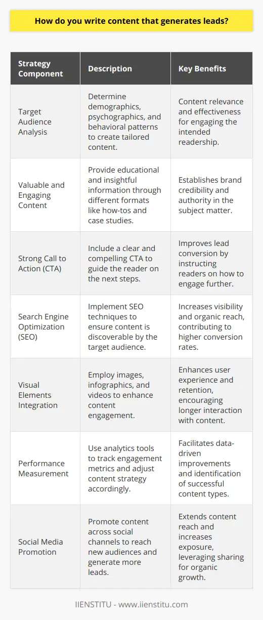 Writing content that effectively generates leads is a strategic process that requires a deep understanding of your target audience and an adept execution of content marketing principles. Here’s an overview of how to create content that goes beyond attracting eyeballs and actually entices readers to become leads.Understanding the Target AudienceBefore putting pen to paper, figure out who will be reading your content. Identify demographics, psychographics, and behavioral patterns. Understand their challenges, queries, and what solutions they are seeking. This information tailors your content to speak directly to their interests and needs, making the content more relevant and effective.Providing Valuable and Engaging ContentContent should be insightful, answering questions that the target audience may have. It should educate, inform, or entertain – ultimately providing value that positions your brand as a knowledgeable and trustworthy source. The value can be in the form of data-driven insights, how-to guides, or case studies that demonstrate your expertise.Creating a Strong Call to ActionA robust call to action guides your readers on what to do next – whether it’s signing up for a newsletter, downloading an e-book, or registering for a webinar. The CTA should stand out and be straightforward, making it unmissable and leaving readers in no doubt about how they can engage further with your content.Optimizing for Search EnginesSearch engine optimization (SEO) ensures that your content is found by the right people. Use relevant keywords appropriately, maintain strong meta-descriptions, and make sure your content is high quality and provides a good user experience. This not only improves your rankings but also ensures that the traffic directed to your content is more likely to convert.Utilizing Visual ElementsVisuals are compelling tools for increasing engagement. They break up text, illustrate points, and can convey complex information in a digestible format. High-quality images, informative infographics, and engaging videos can significantly increase user investment and time spent on your content, thus improving the chances of lead conversion.Measuring and Analyzing PerformanceTo refine and improve your content strategy, it’s important to measure the performance of your content. Tools like Google Analytics can provide insights into engagement metrics like conversion rates, page views, and time spent on page. Use this data to understand what content resonates with your audience and tweak your approach accordingly.Promoting through Social MediaSocial media can amplify your content’s reach. By promoting your content across social channels, you're able to tap into new audiences and attract more leads. Tailor the sharing strategy to fit the norms of each platform for better engagement and encourage sharing among your audience to maximize exposure.By implementing these strategies, you position your content as a powerhouse for lead generation. Each element from understanding your audience to leveraging social media has a crucial role in attracting qualified leads. Keep your content focused, engaging, and actionable, and with consistent effort, you will see your lead generation efforts pay off.