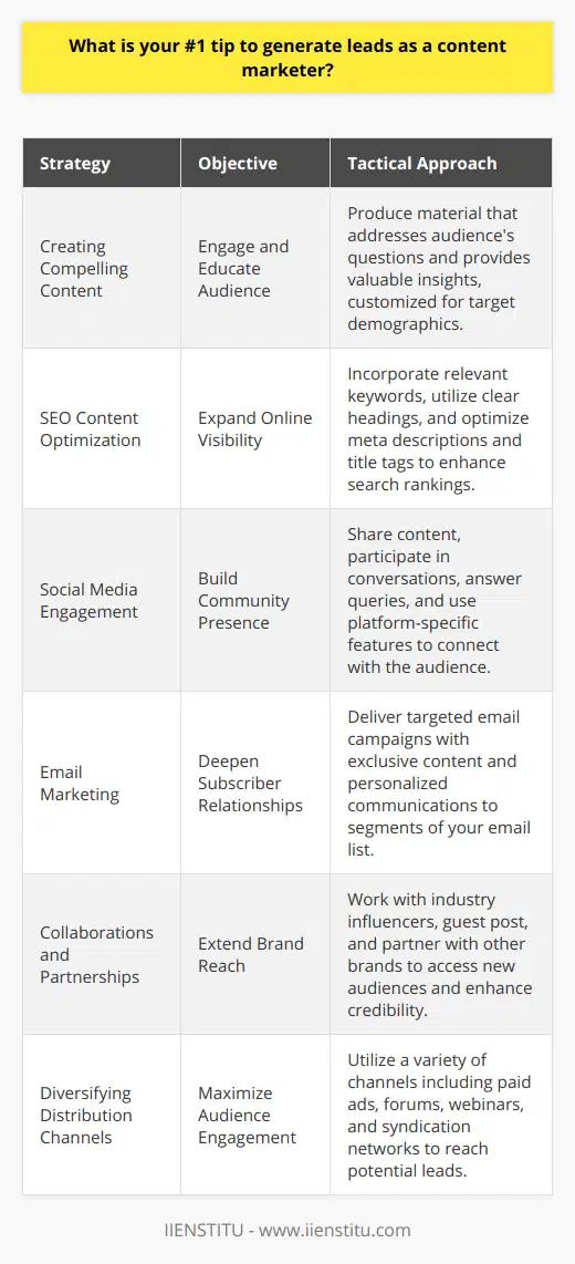 As a content marketer, your overarching goal is to capture leads that may eventually convert into paying customers. The most effective strategy to achieve this is by implementing a multifaceted approach. This technique entails a combination of engaging, relevant content creation and leveraging multiple distribution channels to maximize reach. Here's how you can do this effectively:Creating Compelling and Valuable ContentThe crux of content marketing is the content itself. To captivate your audience, your material should address their questions, offer solutions, and provide valuable insights in a clear, engaging manner. Whether you're creating a blog post, a video series, or an infographic, the content should be tailored to the needs and interests of your target demographic. It's all about delivering the right message, to the right people, at the right time.Optimizing Content for Search EnginesTo ensure your content reaches a wider audience, it's vital to optimize it for search engines. Use relevant keywords throughout your text, maintain a logical structure with clear headings, and don't forget about meta descriptions and title tags. An effective SEO strategy will enhance your content's visibility online, making it easier for potential leads to find you when they're searching for information related to your industry.Social Media EngagementSocial media platforms are more than just promotional tools; they are communities where engagement is key. To generate leads, you should not only share your content on these platforms but also participate in conversations, answer questions, and create a brand presence that's both approachable and informative. Utilize platform-specific features, like Instagram stories or LinkedIn articles, to connect with your audience in diverse ways.Email MarketingYour email list is one of your most valuable assets. Through periodic, targeted email campaigns that offer exclusive content, insights, and offers, you'll foster a relationship with your subscribers. By segmenting your email list and personalizing communication, you nurture these leads over time, increasing the likelihood of conversion.Collaborations and PartnershipsCollaborating with industry influencers, guest posting on relevant blogs, or partnering with complementary brands can dramatically expand your content's reach. These collaborations introduce your brand to new audiences, enhancing your credibility and potentially increasing your leads.Diversifying Distribution ChannelsLastly, embrace diversity in distribution. This includes tapping into various digital channels like paid ads, forums, webinars, and content syndication networks. By not limiting yourself to a single platform or method, you increase the opportunities for your target audience to engage with your content across different touchpoints.As content marketers, our greatest asset is our ability to craft messages that resonate. By adopting a multifaceted approach that combines quality content creation with strategic distribution, we set the stage for attracting and converting leads. Remember, effective content marketing is about consistency, innovation, and always putting the audience's needs first.