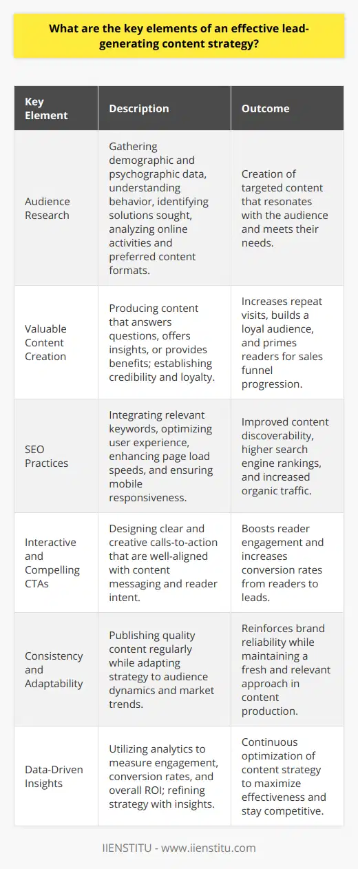 An effective lead-generating content strategy for a blog post is a multifaceted approach that combines the art of engaging storytelling with the science of marketing analytics. Here are the key elements that make such a strategy successful:**Audience Research:**To create content that generates leads, know your audience in-depth. This requires demographic and psychographic data collection, understanding the audience's behavior, and identifying what solutions they seek. Analyze their online activities, preferred content formats, and the platforms they frequent.**Valuable Content Creation:**Content should not only catch the eye but should also deliver real value. It should answer pressing questions, offer novel insights, or provide tangible benefits. In doing so, it establishes your credibility and makes your blog a go-to resource, enhancing loyalty and priming your audience to proceed to the next step in the sales funnel.**SEO Practices:**Leveraging SEO best practices is non-negotiable. Integrate relevant keywords, but balance this with natural language that serves the reader first. SEO extends beyond just keywords—it encompasses user experience, page load speeds, and mobile responsiveness, all of which contribute to your content's discoverability.**Interactive and Compelling CTAs:**Your call-to-action must convert readers into leads. Clearly defined CTAs that align with the content's message and reader's intent can significantly boost conversion rates. Be creative and context-sensitive with the placement of your CTAs to coax the reader into the desired action seamlessly.**Consistency and Adaptability:**Consistency in publishing quality content aids in building a reliable brand image. However, the ability to adapt your content based on changing audience dynamics or market trends is just as critical. This agility keeps your content strategy fresh and relevant.**Data-Driven Insights:**Measure the results of your content through analytics tools to understand visitor behaviors. Look beyond vanity metrics like page views and dive into engagement metrics, lead conversion rates, and the overall ROI of your content marketing efforts. Use these insights to refine your strategy over time.By combining these elements into a cohesive strategy, you progressively guide the reader along the journey from curious visitor to interested prospect to committed lead. It's not enough to produce good content—every post must be a cog in the well-oiled machine that is your overall content strategy.Remember that each piece of content should be intentional, aiming to answer real questions while guiding prospects to the conclusion that your solution is what they've been looking for. Continuous improvement, by way of regularly analyzing and updating your strategy in response to performance metrics and audience feedback, ensures that your lead-generating content remains effective and competitive.