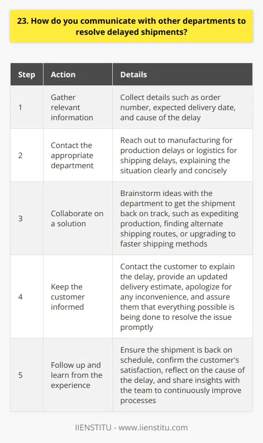I believe effective communication is key to resolving delayed shipments. When I encounter a delay, I first gather all relevant information about the issue. This includes details like the order number, expected delivery date, and cause of the delay. Contacting the Appropriate Department Next, I reach out to the appropriate department to address the problem. If its a production delay, I contact our manufacturing team. For shipping delays, I get in touch with the logistics department. I explain the situation clearly and concisely. Collaborating on a Solution I then work with the department to find a solution. We brainstorm ideas to get the shipment back on track. This might mean expediting production, finding an alternate shipping route, or upgrading to a faster shipping method. Keeping the Customer Informed Throughout the process, I make sure to keep the customer informed. I contact them to explain the delay and provide an updated delivery estimate. I apologize for any inconvenience and assure them were doing everything possible to resolve the issue promptly. Following Up After implementing a solution, I follow up with the relevant department to ensure the shipment is back on schedule. I also check in with the customer to confirm theyve received their order and are satisfied. Learning from the Experience Finally, I take time to reflect on the experience. I consider what caused the delay and how it could be prevented in the future. I share any insights with my team so we can continuously improve our processes. By following these steps and maintaining open lines of communication, Im able to effectively resolve delayed shipments and keep our customers happy. Its all about working together as a team to find the best solution.