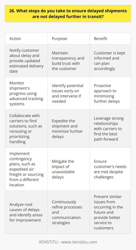 When shipments are delayed, I take immediate action to minimize further delays. Communication is key in these situations. I promptly notify the customer about the delay and provide an updated estimated delivery date. Transparency builds trust with the customer, even when things dont go as planned. Tracking and Monitoring I closely monitor the shipments progress using advanced tracking systems. This allows me to identify potential issues early on. If I notice any unusual delays or route changes, I proactively investigate to determine the cause. By staying on top of the shipments status, I can quickly intervene if needed. Collaboration with Carriers Maintaining strong relationships with carriers is crucial for resolving delays. I reach out to my carrier contacts to discuss the situation and explore solutions. Together, we brainstorm ways to expedite the shipment, such as rerouting or prioritizing handling. Having a network of reliable carriers helps me find the best path forward. Contingency Planning Sometimes, despite best efforts, further delays are unavoidable. Thats why I always have contingency plans in place. I consider alternative shipping methods, like expedited air freight, to make up for lost time. If the delay is significant, I may even suggest sourcing the product from a different location to meet the customers needs. Continuous Improvement After each delayed shipment, I take time to reflect and learn. I analyze the root causes of the delay and identify areas for improvement. By continuously refining my processes and communication strategies, I can prevent similar issues in the future. Every challenge is an opportunity to provide better service to my customers.