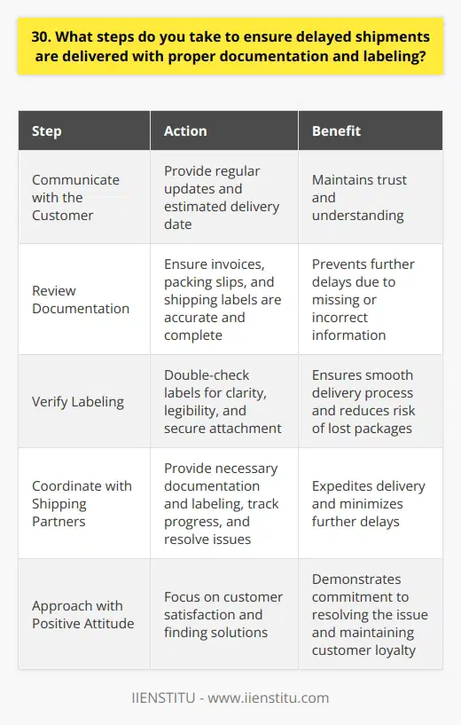 When faced with a delayed shipment, I take immediate action to ensure proper documentation and labeling. Here are the steps I follow: Communicate with the Customer I always keep the customer informed about the status of their delayed shipment. I provide regular updates and an estimated delivery date. Clear communication helps maintain trust and understanding. Review Documentation I carefully review all documentation related to the delayed shipment. This includes invoices, packing slips, and shipping labels. I make sure everything is accurate and complete. If anything is missing or incorrect, I quickly address it. Verify Labeling Proper labeling is crucial for a smooth delivery process. I double-check that all labels are clear, legible, and securely attached. I ensure the correct shipping address, contact information, and any special handling instructions are included. Coordinate with Shipping Partners I work closely with our shipping partners to expedite the delivery of delayed shipments. I provide them with all necessary documentation and labeling. I also follow up regularly to track progress and resolve any issues that may arise. By following these steps, I can confidently say that I do everything possible to ensure delayed shipments reach their destination with proper documentation and labeling. Its a challenging situation, but I approach it with a positive attitude and a focus on customer satisfaction.