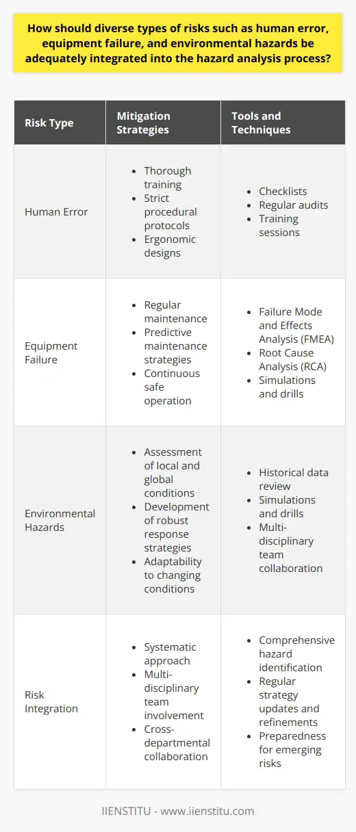 Understanding Risk Integration in Hazard Analysis Hazard analysis forms a crucial part of safety management. It demands an understanding of various risks. These include human error, equipment failure, and environmental hazards. Integrating these risk types can seem complex. Yet, it is essential for thorough safety assessments. Identifying and Categorizing Risks Identification stands as the first step. Not all risks are equal. They vary in nature and impact. Classifying risks aids in their effective management. Employ a categorization system. This should reflect the unique characteristics of each risk type. Assessing the Likelihood and Severity Each risk carries its likelihood and potential severity. Assess these aspects rigorously. Tools such as Failure Mode and Effects Analysis (FMEA) can help. So can Root Cause Analysis (RCA). These help quantify and prioritize risks. Human Error Human error is unpredictable. Yet, it is one of the most common risk sources. Use thorough training to mitigate it. Implement strict procedural protocols. Adopt ergonomic designs. They reduce the chances of errors. Equipment Failure Reliable equipment is non-negotiable. Regular maintenance plays a key role. Implement predictive maintenance strategies. They can forecast potential failures. This limits unscheduled downtimes. It ensures continuous safe operation. Environmental Hazards Environmental risks require special attention. Assess local and global environmental conditions. Understand how they can affect operations. Develop response strategies. They should be robust and adaptive to changing conditions. Integrating Risk in the Hazard Analysis Process Integrate risks through a systematic approach. Employ a multi-disciplinary team. They should have varied skills and knowledge. Collaborate across departments. This ensures comprehensive hazard identification. - Use checklists - Conduct regular audits - Hold training sessions - Review historical data - Conduct simulations and drills Conclusion A well-integrated hazard analysis saves lives. It protects equipment and the environment. It requires effort and commitment. The benefits, however, are immeasurable. Always update and refine your strategies. Stay prepared for emerging risks. Safety is an ongoing journey.