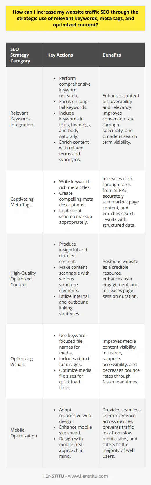 Increasing website traffic through SEO involves a tactical approach to content creation where relevance, structure, and user experience are central. Here are key strategies to enhance your website's SEO through keywords, meta tags, and content optimization:**Relevant Keywords Integration**Keywords are the linchpin of SEO; they bridge the gap between user queries and your content. To leverage keywords effectively:1. Conduct comprehensive keyword research using sophisticated tools to uncover terms and phrases that your target audience is searching for.2. Prioritize long-tail keywords which tend to have less competition and a higher conversion rate due to their specificity.3. Aim for natural inclusion of keywords in your text. Use them in the title, headings, and throughout the body of your blog post without compromising the natural flow of the content.4. Strive for semantic richness by including related terms and synonyms, which can help your content rank for a variety of search terms.**Captivating Meta Tags**Meta tags are HTML tags that provide metadata about your web page. For improved SEO:1. Craft a meta title that is both keyword-rich and compelling to prompt clicks from search engine results pages (SERPs). Remember, it's the first impression your content makes in the SERPs.2. Write a meta description that acts as an ad copy for your blog post. It should be enticing, include your primary keyword, and succinctly summarize the content.3. Utilize schema markup to provide search engines with more structured information about your content, enhancing the richness of your search results.**High-Quality Optimized Content**The caliber of your content remains the cornerstone of good SEO. To refine your content:1. Write detailed, insightful content that adds value and thoroughly covers the topic. High-quality content signals to search engines that your site is a credible resource.2. Make content scannable with headers, bullet points, and short paragraphs, which improves user experience and can indirectly influence SEO.3. Include outbound links to authoritative sites and internal links to your other content pages. This can enhance trust and time spent on your site.**Optimizing Visuals**Images and videos can significantly enhance user engagement, but must be optimized for SEO:1. Use descriptive, keyword-focused file names for images and videos.2. Always include alt text for images, which helps search engines understand the content of the image, aids visually impaired users, and serves as an anchor text for a potential image link.3. Optimize file size for faster load times to prevent bounce rates, which can negatively impact your SEO.**Mobile Optimization**With mobile devices accounting for over half of global web traffic, mobile optimization is essential:1. Ensure that your website is using responsive web design so that it adapts fluidly to various screen sizes.2. Enhance site speed on mobile devices; slow-loading mobile sites can lead to reduced traffic and lower rankings.3. Design your site with mobile in mind first, considering the limitations of smaller screens, such as simpler navigation and easily tappable elements.SEO is a complex, ongoing process, and while there are no guarantees, implementing these strategies effectively can significantly increase your website's traffic and improve your visibility in search engines. Remember, user experience is increasingly crucial for SEO, so focus on providing value through both content and website design.