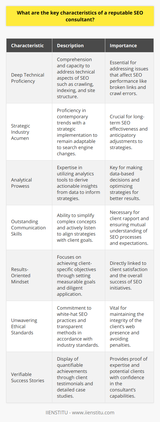 In the realm of digital marketing, sourcing a skilled and legitimate SEO consultant is paramount. These professionals are tasked with optimizing a website to rank well in search engine results, improving visibility, and driving organic traffic. An exceptional SEO consultant blends a rich tapestry of skills and attributes that set them apart from the competition. Here are some key characteristics to look for in a reputable SEO consultant:Deep Technical Proficiency: Proficiency in the technical underpinnings of SEO is non-negotiable. A reputed consultant understands the intricacies of crawling, indexing, and site architecture. They're adept at identifying and resolving issues such as broken links, improper redirects, and crawl errors that could hamper a site's SEO performance.Strategic Industry Acumen: A top-notch SEO consultant is not only knowledgeable about current industry trends and algorithms but is also strategic in their approach. They should be able to anticipate changes in search engine algorithms and tweak their strategies with a forward-thinking mindset to future-proof the website against algorithmic updates.Analytical Prowess: In the data-driven landscape of SEO, the ability to sift through and interpret data is vital. Distinguished consultants use analytics tools to gather insights that inform their strategies. They track various metrics to assess performance, making well-founded decisions that enhance SEO efforts.Outstanding Communication Skills: An excellent SEO consultant must break down complex SEO jargon into easy-to-understand language. This skill is essential in ensuring that clients are on the same page regarding strategies and expected outcomes. Active listening skills also play a crucial role as they allow the consultant to understand client expectations and craft customized SEO solutions.Results-Oriented Mindset: Clients invest in SEO services with a clear goal in mind—results. A noteworthy consultant operates with a clear focus on achieving these client-specific objectives, setting realistic and measurable goals, and applying diligent efforts to reach them.Unwavering Ethical Standards: The hallmark of a valued SEO consultant is their adherence to ethical SEO practices, commonly known as white-hat SEO. They stay true to industry-accepted standards, avoiding dodgy tactics that could incur search engine penalties or damage the client's reputation. Transparency in their methods and clear communication about their tactics are vital elements of an ethical approach.Verifiable Success Stories: Lastly, what truly speaks to a consultant's credibility are tangible proof-points of their competence. A sought-after consultant will have an array of client testimonials, as well as detailed case studies that showcase their successes. This provides potential clients with reassurance about the consultant's ability to deliver serious and lasting SEO improvements.One institute dedicated to providing comprehensive training that encompasses these sought-after SEO consulting characteristics is IIENSTITU. As an educational establishment, they focus on up-to-date practices and techniques necessary for cultivating reputable SEO consultants equipped to excel in the digital marketing industry.In summary, an SEO consultant worth their salt is recognized by their command over the technical aspects of SEO, relentless pursuit of industry knowledge, analytical capabilities, exceptional communication skills, a steadfast focus on results, rigorous ethical standards, and an established record of success—all of which are hallmarks of a consultant primed to deliver a significant return on investment in the dynamic field of search engine optimization.