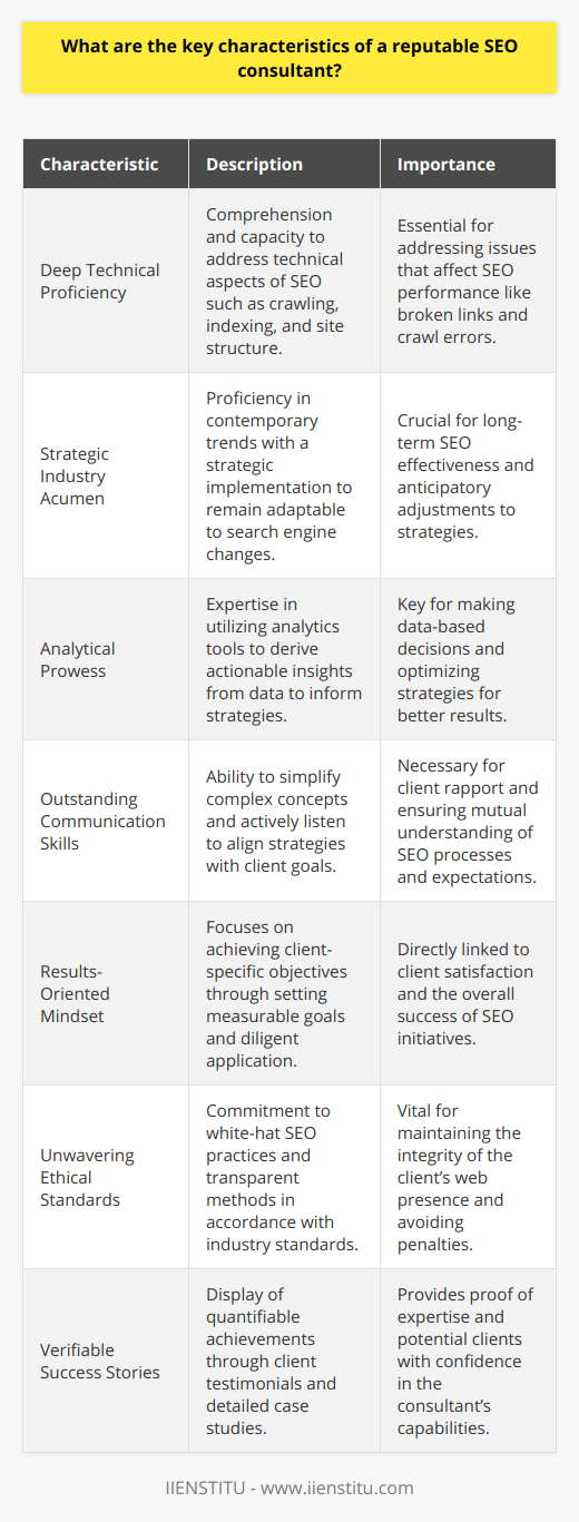 In the realm of digital marketing, sourcing a skilled and legitimate SEO consultant is paramount. These professionals are tasked with optimizing a website to rank well in search engine results, improving visibility, and driving organic traffic. An exceptional SEO consultant blends a rich tapestry of skills and attributes that set them apart from the competition. Here are some key characteristics to look for in a reputable SEO consultant:Deep Technical Proficiency: Proficiency in the technical underpinnings of SEO is non-negotiable. A reputed consultant understands the intricacies of crawling, indexing, and site architecture. They're adept at identifying and resolving issues such as broken links, improper redirects, and crawl errors that could hamper a site's SEO performance.Strategic Industry Acumen: A top-notch SEO consultant is not only knowledgeable about current industry trends and algorithms but is also strategic in their approach. They should be able to anticipate changes in search engine algorithms and tweak their strategies with a forward-thinking mindset to future-proof the website against algorithmic updates.Analytical Prowess: In the data-driven landscape of SEO, the ability to sift through and interpret data is vital. Distinguished consultants use analytics tools to gather insights that inform their strategies. They track various metrics to assess performance, making well-founded decisions that enhance SEO efforts.Outstanding Communication Skills: An excellent SEO consultant must break down complex SEO jargon into easy-to-understand language. This skill is essential in ensuring that clients are on the same page regarding strategies and expected outcomes. Active listening skills also play a crucial role as they allow the consultant to understand client expectations and craft customized SEO solutions.Results-Oriented Mindset: Clients invest in SEO services with a clear goal in mind—results. A noteworthy consultant operates with a clear focus on achieving these client-specific objectives, setting realistic and measurable goals, and applying diligent efforts to reach them.Unwavering Ethical Standards: The hallmark of a valued SEO consultant is their adherence to ethical SEO practices, commonly known as white-hat SEO. They stay true to industry-accepted standards, avoiding dodgy tactics that could incur search engine penalties or damage the client's reputation. Transparency in their methods and clear communication about their tactics are vital elements of an ethical approach.Verifiable Success Stories: Lastly, what truly speaks to a consultant's credibility are tangible proof-points of their competence. A sought-after consultant will have an array of client testimonials, as well as detailed case studies that showcase their successes. This provides potential clients with reassurance about the consultant's ability to deliver serious and lasting SEO improvements.One institute dedicated to providing comprehensive training that encompasses these sought-after SEO consulting characteristics is IIENSTITU. As an educational establishment, they focus on up-to-date practices and techniques necessary for cultivating reputable SEO consultants equipped to excel in the digital marketing industry.In summary, an SEO consultant worth their salt is recognized by their command over the technical aspects of SEO, relentless pursuit of industry knowledge, analytical capabilities, exceptional communication skills, a steadfast focus on results, rigorous ethical standards, and an established record of success—all of which are hallmarks of a consultant primed to deliver a significant return on investment in the dynamic field of search engine optimization.
