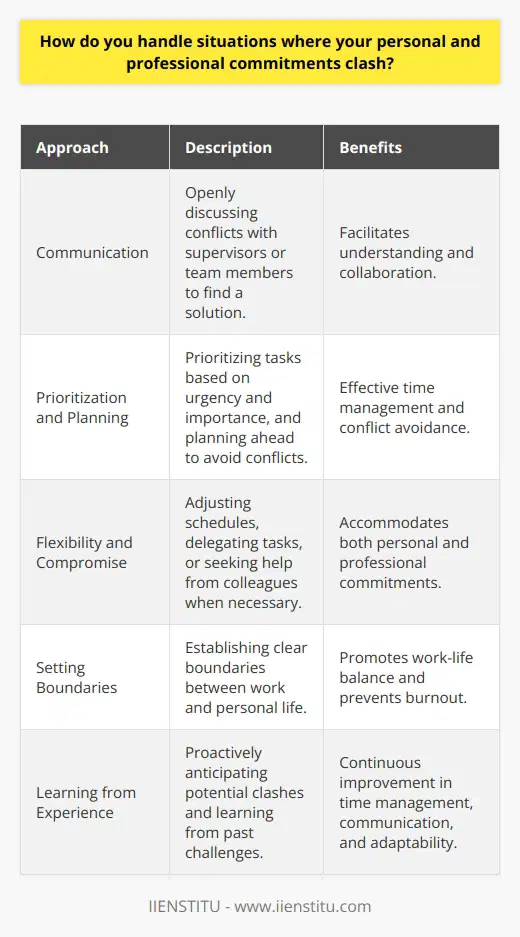 When faced with situations where my personal and professional commitments clash, I strive to find a balance. Communication is key in these situations. I openly discuss any conflicts with my supervisor or team to find a solution. Prioritizing and Planning I prioritize my tasks based on urgency and importance. This helps me manage my time effectively. I also plan ahead to avoid last-minute conflicts between personal and work obligations. Flexibility and Compromise Being flexible is essential when juggling multiple commitments. Im willing to adjust my schedule when necessary. Sometimes this means coming in early or staying late to complete a project. Other times, it involves delegating tasks or asking for help from colleagues. Setting Boundaries While Im dedicated to my job, I also recognize the importance of personal time. I set clear boundaries between work and personal life. This allows me to fully engage in both areas without constant distractions or guilt. Learning from Experience Over time, Ive gotten better at anticipating potential clashes. Ive learned to be proactive in communicating and problem-solving. Each challenge has taught me valuable lessons about time management, communication, and adaptability. Ultimately, finding harmony between personal and professional commitments is an ongoing process. It requires self-awareness, open communication, and a willingness to be flexible. By staying organized and communicating effectively, Im able to honor both my work responsibilities and my personal life.