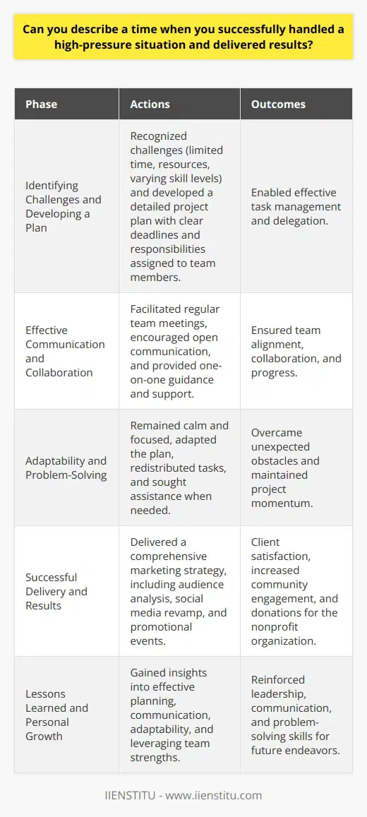 One instance where I successfully navigated a high-pressure situation and achieved desired outcomes was during my senior year capstone project. As the team lead, I was responsible for coordinating a group of five students to develop a comprehensive marketing strategy for a local nonprofit organization within a tight two-month timeframe. Identifying Challenges and Developing a Plan I recognized the numerous challenges we faced, including limited time, resources, and varying skill levels among team members. To address these issues, I quickly developed a detailed project plan that broke down the larger task into smaller, manageable steps with clear deadlines and responsibilities assigned to each team member. Effective Communication and Collaboration I facilitated regular team meetings to ensure everyone was on the same page and making progress. During these meetings, I encouraged open communication, allowing team members to voice concerns, share ideas, and collaborate effectively. I also made myself available for one-on-one discussions to provide guidance and support when needed. Adaptability and Problem-Solving Throughout the project, we encountered several unexpected obstacles, such as a team member falling ill and difficulty accessing essential data. I remained calm and focused, quickly adapting our plan and redistributing tasks to ensure we stayed on track. I also reached out to our professor and the nonprofit organization for assistance when necessary, demonstrating resourcefulness and a proactive approach to problem-solving. Successful Delivery and Results Despite the challenges, we successfully delivered a comprehensive marketing strategy to the nonprofit organization before the deadline. Our plan included a detailed analysis of their target audience, a revamped social media presence, and a series of cost-effective promotional events. The organization was extremely satisfied with our work and implemented several of our recommendations, resulting in increased community engagement and donations. Lessons Learned and Personal Growth This experience taught me the importance of effective planning, communication, and adaptability when working under pressure. I learned to break down complex tasks, delegate responsibilities, and leverage the strengths of each team member. Additionally, I discovered the value of remaining calm and focused in the face of adversity, as well as the importance of seeking help when needed. In conclusion, successfully handling this high-pressure situation not only allowed me to deliver excellent results but also contributed to my personal and professional growth. It reinforced my ability to lead, communicate, and problem-solve effectively, skills that I continue to apply in my current role and future endeavors.
