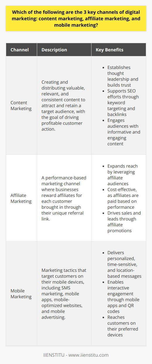 Content marketing, affiliate marketing, and mobile marketing are indeed three key channels of digital marketing. Each channel offers unique opportunities to reach and engage target audiences effectively. Lets explore each of these channels in more detail. Content Marketing Content marketing involves creating and distributing valuable, relevant, and consistent content to attract and retain a clearly defined audience. The ultimate goal is to drive profitable customer action. Content can take many forms, such as blog posts, videos, podcasts, infographics, and more. By providing informative and engaging content, businesses can establish themselves as thought leaders in their industry. This helps build trust and credibility with potential customers. Additionally, content marketing supports SEO efforts by providing opportunities to target relevant keywords and earn valuable backlinks. Affiliate Marketing Affiliate marketing is a performance-based marketing channel where businesses reward affiliates for each customer brought in through their unique referral link. Affiliates can be bloggers, influencers, or even other businesses that promote products or services to their audience. This channel allows businesses to expand their reach by leveraging the audiences of their affiliates. It also provides a cost-effective way to drive sales, as affiliates are only paid when they generate a desired action, such as a sale or lead. Benefits of Affiliate Marketing Mobile Marketing With the widespread adoption of smartphones and tablets, mobile marketing has become a crucial channel for reaching customers. Mobile marketing encompasses various tactics, such as SMS marketing, mobile apps, mobile-optimized websites, and mobile advertising. By targeting customers on their mobile devices, businesses can deliver personalized, time-sensitive, and location-based messages. This allows for more targeted and effective marketing campaigns. Additionally, mobile marketing provides opportunities for interactive engagement, such as through mobile apps or QR codes. Mobile Marketing Tactics Integrating Digital Marketing Channels While content marketing, affiliate marketing, and mobile marketing are distinct channels, they work best when integrated into a comprehensive digital marketing strategy. By leveraging the strengths of each channel and ensuring consistent messaging across all touchpoints, businesses can maximize their impact and drive better results. For example, a business could create valuable content to attract and engage potential customers, use affiliate marketing to expand their reach, and then deliver targeted mobile messages to drive conversions. By using data and insights gathered from each channel, businesses can continually refine their strategies and optimize their performance over time.