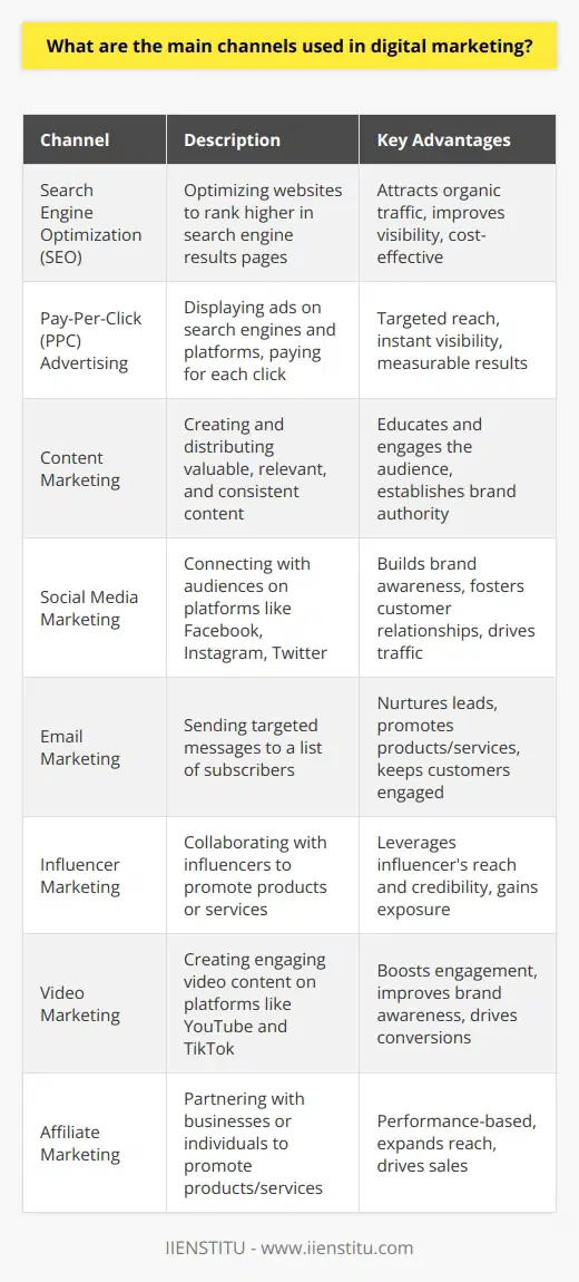 Digital marketing encompasses various channels that businesses leverage to reach and engage their target audience in the digital landscape. These channels offer unique opportunities to connect with customers, build brand awareness, and drive conversions. Lets explore the main channels used in digital marketing. Search Engine Optimization (SEO) SEO involves optimizing websites to rank higher in search engine results pages (SERPs). By improving a websites visibility, businesses can attract more organic traffic and potential customers. SEO strategies include keyword research, content optimization, link building, and technical enhancements. Pay-Per-Click (PPC) Advertising PPC advertising allows businesses to display ads on search engines and other platforms. Advertisers pay each time a user clicks on their ad. Popular PPC platforms include Google Ads, Bing Ads, and social media advertising. PPC offers targeted reach, instant visibility, and measurable results. Content Marketing Content marketing focuses on creating and distributing valuable, relevant, and consistent content to attract and retain a target audience. Content can take various forms, such as blog posts, videos, infographics, and eBooks. The goal is to educate, inform, and engage the audience while establishing the brand as an authority. Social Media Marketing Social media platforms like Facebook, Instagram, Twitter, and LinkedIn provide opportunities to connect with audiences. Businesses can create engaging content, run targeted ads, and interact with followers. Social media marketing helps build brand awareness, foster customer relationships, and drive website traffic. Email Marketing Email marketing involves sending targeted messages to a list of subscribers. It allows businesses to nurture leads, promote products or services, and keep customers engaged. Effective email marketing campaigns deliver personalized content, offer value, and encourage recipients to take action. Influencer Marketing Influencer marketing leverages the reach and credibility of influencers to promote products or services. Influencers are individuals with a significant following on social media or other platforms. By collaborating with influencers, businesses can tap into their audience and gain exposure to potential customers. Video Marketing Video content has become increasingly popular in digital marketing. Platforms like YouTube, Instagram, and TikTok offer opportunities to create engaging video content. Videos can showcase products, provide tutorials, share customer testimonials, and entertain audiences. Video marketing can boost engagement, improve brand awareness, and drive conversions. Affiliate Marketing Affiliate marketing involves partnering with other businesses or individuals to promote products or services. Affiliates earn a commission for each sale or lead generated through their unique referral link. This performance-based marketing channel can help businesses expand their reach and drive sales. To maximize the effectiveness of digital marketing, businesses should adopt a multichannel approach. By strategically combining different channels and tailoring strategies to their target audience, businesses can achieve their marketing goals and stay competitive in the digital landscape.