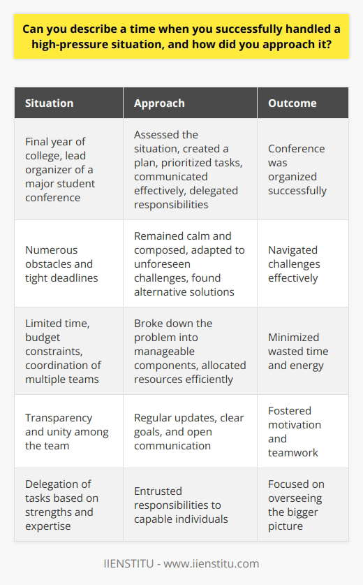 Handling high-pressure situations effectively is a crucial skill in both personal and professional life. One such instance where I successfully navigated a challenging situation was during my final year of college. As the lead organizer of a major student conference, I faced numerous obstacles and tight deadlines that put me under immense pressure. Assessing the Situation and Creating a Plan When confronted with this high-pressure scenario, my first step was to assess the situation objectively. I identified the key challenges, such as limited time, budget constraints, and the need to coordinate multiple teams. By breaking down the problem into smaller, manageable components, I could create a clear plan of action. I prioritized tasks based on their urgency and importance, ensuring that critical aspects of the conference were addressed first. This helped me focus my efforts and allocate resources efficiently, minimizing wasted time and energy. Communicating Effectively and Delegating Responsibilities Effective communication played a vital role in handling this high-pressure situation. I regularly updated my team members on our progress, goals, and any changes in the plan. This transparency fostered a sense of unity and purpose among the team, keeping everyone motivated and informed. Recognizing the importance of delegation, I assigned tasks to team members based on their strengths and expertise. By entrusting responsibilities to capable individuals, I could focus on overseeing the bigger picture and addressing any unexpected challenges that arose. Staying Calm and Adaptable Throughout the high-pressure situation, I made a conscious effort to remain calm and composed. I understood that panicking or succumbing to stress would only hinder my ability to think clearly and make sound decisions. By maintaining a level-headed approach, I could navigate the challenges more effectively. Adaptability and Flexibility Being adaptable was crucial in handling the high-pressure situation. When unforeseen obstacles emerged, I quickly reassessed my plans and made necessary adjustments. This flexibility allowed me to find alternative solutions and keep the conference on track, despite the setbacks. Learning from the Experience Reflecting on this high-pressure situation, I gained valuable insights into my own abilities and leadership skills. I learned the importance of thorough planning, effective communication, and the power of remaining calm under pressure. These lessons have served me well in subsequent challenging situations, both personally and professionally. Conclusion Successfully handling a high-pressure situation requires a combination of careful planning, effective communication, adaptability, and a calm demeanor. By breaking down the problem, delegating responsibilities, and staying focused on the end goal, one can navigate even the most challenging circumstances with grace and resilience.
