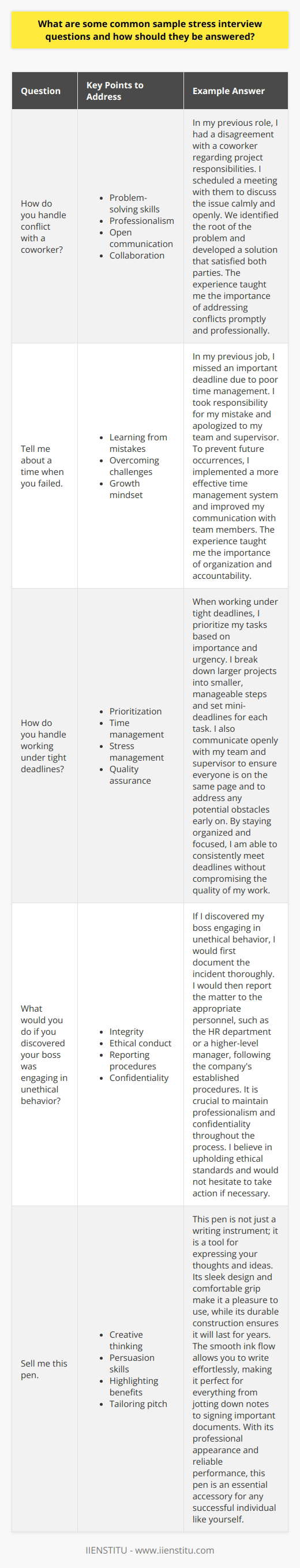 Stress interviews are designed to test a candidates ability to handle pressure and think on their feet. Some common stress interview questions include: 1.  How do you handle conflict with a coworker?  When answering this question, focus on your problem-solving skills and ability to remain professional. Describe a specific situation where you successfully resolved a conflict through open communication and collaboration. Example answer:  In my previous role, I had a disagreement with a coworker regarding project responsibilities. I scheduled a meeting with them to discuss the issue calmly and openly. We identified the root of the problem and developed a solution that satisfied both parties. The experience taught me the importance of addressing conflicts promptly and professionally.  2.  Tell me about a time when you failed.  Interviewers ask this question to assess your ability to learn from mistakes and overcome challenges. Be honest about a failure, but focus on the lessons learned and how you grew from the experience. Example answer:  In my previous job, I missed an important deadline due to poor time management. I took responsibility for my mistake and apologized to my team and supervisor. To prevent future occurrences, I implemented a more effective time management system and improved my communication with team members. The experience taught me the importance of organization and accountability.  3.  How do you handle working under tight deadlines?  This question assesses your ability to prioritize tasks and work efficiently under pressure. Discuss your strategies for managing stress and ensuring quality work within time constraints. Example answer:  When working under tight deadlines, I prioritize my tasks based on importance and urgency. I break down larger projects into smaller, manageable steps and set mini-deadlines for each task. I also communicate openly with my team and supervisor to ensure everyone is on the same page and to address any potential obstacles early on. By staying organized and focused, I am able to consistently meet deadlines without compromising the quality of my work.  4.  What would you do if you discovered your boss was engaging in unethical behavior?  This question gauges your integrity and ability to handle sensitive situations. Emphasize your commitment to ethical behavior and your understanding of proper reporting procedures. Example answer:  If I discovered my boss engaging in unethical behavior, I would first document the incident thoroughly. I would then report the matter to the appropriate personnel, such as the HR department or a higher-level manager, following the companys established procedures. It is crucial to maintain professionalism and confidentiality throughout the process. I believe in upholding ethical standards and would not hesitate to take action if necessary.  5.  Sell me this pen.  This classic stress interview question tests your ability to think creatively and persuade others. Focus on highlighting the pens unique features and benefits while tailoring your pitch to the interviewers needs. Example answer:  This pen is not just a writing instrument; it is a tool for expressing your thoughts and ideas. Its sleek design and comfortable grip make it a pleasure to use, while its durable construction ensures it will last for years. The smooth ink flow allows you to write effortlessly, making it perfect for everything from jotting down notes to signing important documents. With its professional appearance and reliable performance, this pen is an essential accessory for any successful individual like yourself.  Conclusion: When facing stress interview questions, remain calm, confident, and focused. Take a moment to gather your thoughts before responding, and always provide specific examples to support your answers. By demonstrating your ability to handle pressure, solve problems, and maintain professionalism, you can showcase your value as a candidate and increase your chances of landing the job.