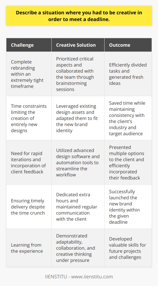 In my previous role as a graphic designer, I faced a challenging situation where a client requested a complete rebranding within an extremely tight timeframe. To meet the deadline, I had to think outside the box and come up with creative solutions. Prioritizing Tasks and Collaborating with the Team I quickly prioritized the most critical aspects of the rebranding, such as the logo and main visual elements. I then reached out to my colleagues and organized a brainstorming session to generate fresh ideas and divide tasks efficiently. Leveraging Existing Resources and Inspiration To save time, I decided to leverage some of our existing design assets and adapt them to fit the new brand identity. I also drew inspiration from the clients industry and target audience to create designs that would resonate with them. Streamlining the Design Process with Technology I utilized advanced design software and automation tools to streamline my workflow and create iterations quickly. This allowed me to present multiple options to the client and incorporate their feedback efficiently. Going the Extra Mile to Ensure Timely Delivery Despite the time crunch, I remained focused and dedicated extra hours to ensure the rebranding was completed on schedule. I communicated regularly with the client to keep them informed of the progress and made necessary adjustments based on their input. In the end, my creative approach and determination paid off. The client was thrilled with the new brand identity, and we successfully launched it within the given deadline. This experience taught me the importance of adaptability, collaboration, and thinking creatively under pressure.