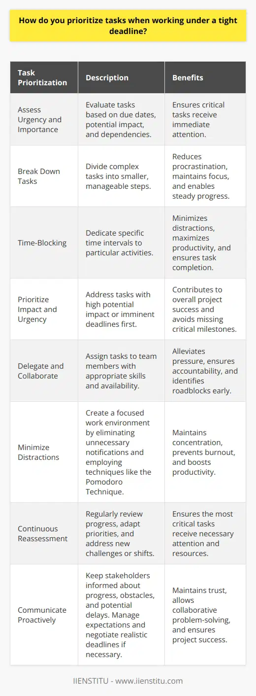 Prioritizing tasks under tight deadlines is crucial for effective time management and successful project completion. The first step involves assessing the urgency and importance of each task, considering factors such as due dates, potential impact, and dependencies. Creating a prioritized to-do list helps visualize the order in which tasks should be tackled, ensuring that critical items receive immediate attention. Break Down Tasks into Manageable Steps Breaking down complex tasks into smaller, manageable steps makes them less daunting and easier to accomplish. This approach allows for better focus and reduces the likelihood of procrastination. By setting achievable milestones and allocating specific time slots for each subtask, individuals can maintain steady progress and avoid last-minute rushes. Utilize Time-Blocking Techniques Time-blocking is a powerful technique for managing tasks under tight deadlines. It involves dedicating specific time intervals to particular activities, minimizing distractions and maximizing productivity. By assigning realistic time estimates to each task and adhering to the schedule, individuals can ensure that all essential tasks receive the necessary attention and effort. Prioritize Based on Impact and Urgency When faced with multiple pressing tasks, it is essential to prioritize based on their impact and urgency. Tasks that have the highest potential to contribute to overall project success or carry significant consequences should be given top priority. Similarly, tasks with imminent deadlines should be addressed promptly to avoid missing crucial milestones. Delegate and Collaborate Effectively Effective delegation and collaboration can significantly alleviate the pressure of tight deadlines. Identify tasks that can be assigned to team members with the appropriate skills and availability. Clear communication and well-defined responsibilities ensure that everyone is on the same page and working towards common goals. Regular check-ins and progress updates help maintain accountability and identify potential roadblocks early on. Minimize Distractions and Maintain Focus Minimizing distractions is vital when working under tight deadlines. Create a focused work environment by eliminating unnecessary notifications, closing irrelevant tabs, and communicating your availability to colleagues. Employing techniques such as the Pomodoro Technique, which involves working in focused intervals followed by short breaks, can help maintain concentration and prevent burnout. Continuously Reassess and Adapt As deadlines approach, it is crucial to continuously reassess progress and adapt the prioritization of tasks accordingly. Regularly review the to-do list, making adjustments based on new information, unexpected challenges, or shifts in priorities. Being flexible and willing to recalibrate the plan ensures that the most critical tasks receive the necessary attention and resources. Communicate Proactively and Manage Expectations Open and proactive communication is key when working under tight deadlines. Keep stakeholders informed about progress, potential obstacles, and any anticipated delays. Managing expectations helps maintain trust and allows for collaborative problem-solving. If necessary, negotiate realistic deadlines or explore alternative solutions to ensure project success without compromising quality or well-being.