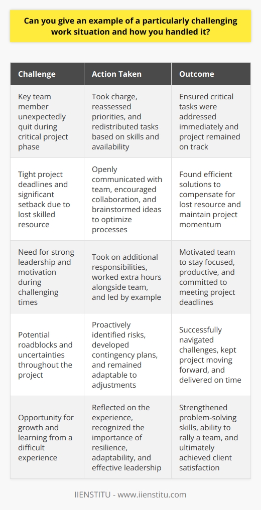 One particularly challenging work situation I faced was when a key team member unexpectedly quit during a critical project phase. The project deadlines were tight, and losing a skilled resource was a significant setback. Taking Charge and Reassessing Priorities I quickly took charge of the situation and reassessed our priorities. I identified the most critical tasks that required immediate attention and redistributed them among the remaining team members based on their skills and availability. Open Communication and Collaboration I openly communicated with the team about the challenges we faced and encouraged collaboration. We brainstormed ideas to optimize our processes and find efficient solutions to compensate for the lost resource. Stepping Up and Leading by Example I personally took on additional responsibilities to lead by example and motivate the team. I worked extra hours alongside them to ensure we stayed on track and met our deadlines. Proactive Problem-Solving and Adaptability Throughout the project, I proactively identified potential roadblocks and developed contingency plans. I remained adaptable and open to adjusting our strategies as needed to keep the project moving forward. Successful Outcome and Lessons Learned Despite the initial setback, our teams dedication and collaborative efforts paid off. We successfully completed the project on time, and the client was satisfied with the results. This experience taught me the importance of resilience, adaptability, and effective leadership in the face of unexpected challenges. It strengthened my problem-solving skills and ability to rally a team towards a common goal.
