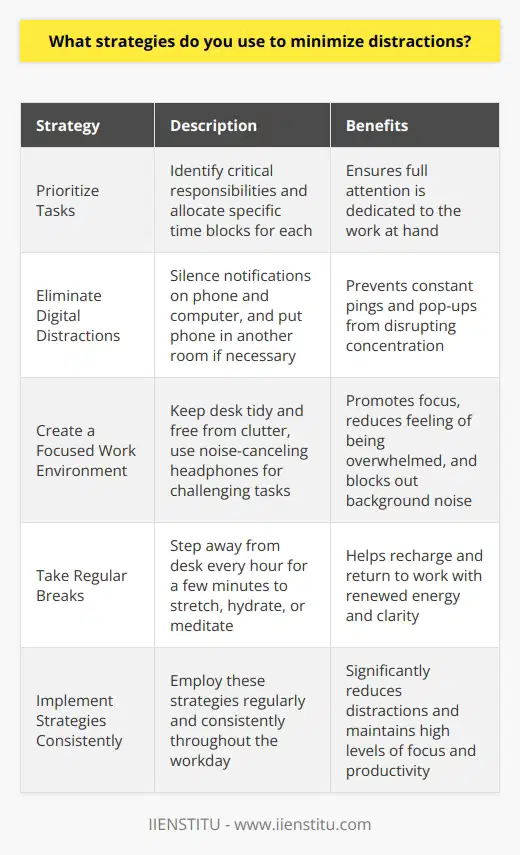 I have developed several effective strategies to minimize distractions and maintain focus throughout the workday. One key approach is to prioritize my tasks and create a daily schedule. By identifying the most critical responsibilities and allocating specific time blocks for each, I can ensure that I dedicate my full attention to the work at hand. Eliminating Digital Distractions I find it helpful to silence notifications on my phone and computer when working on important projects. This prevents the constant pings and pop-ups from disrupting my concentration. If necessary, I even put my phone in another room to avoid the temptation of checking it unnecessarily. Creating a Focused Work Environment Another strategy I employ is to create a clean, organized workspace that promotes focus. I keep my desk tidy and free from clutter, which helps me feel more in control and less overwhelmed. If Im working on a particularly challenging task, I might even put on noise-canceling headphones to block out any background noise. Taking Regular Breaks Interestingly, Ive found that taking short, periodic breaks actually enhances my productivity. Every hour or so, I step away from my desk for a few minutes to stretch, grab a glass of water, or do a quick meditation exercise. These brief moments of respite help me recharge and return to my work with renewed energy and clarity. By implementing these strategies consistently, Ive been able to significantly reduce distractions and maintain a high level of focus and productivity in my work.