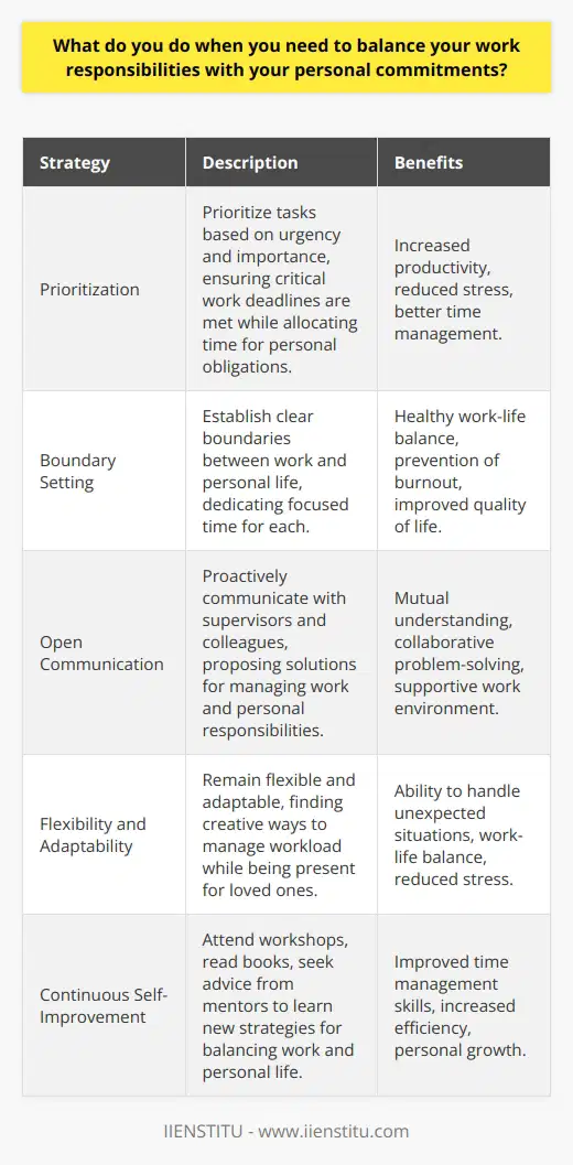 When balancing work responsibilities with personal commitments, effective time management and open communication are key. I prioritize tasks based on urgency and importance, ensuring that critical work deadlines are met while still making time for personal obligations. This may involve creating a detailed schedule, breaking larger projects into smaller, manageable steps, and being flexible when unexpected situations arise. Setting Clear Boundaries I believe in setting clear boundaries between work and personal life. When Im at work, I focus on my professional duties, and when Im off the clock, I dedicate my time to family, friends, and personal interests. This helps me maintain a healthy work-life balance and prevents burnout. Open Communication If there are times when personal commitments may impact my work schedule, I proactively communicate with my supervisor and colleagues. By being transparent and proposing solutions, such as adjusting my work hours or collaborating with team members, I can often find a mutually beneficial arrangement that allows me to meet both my professional and personal responsibilities. Flexibility and Adaptability Life can be unpredictable, and I understand that there may be occasions when unexpected personal situations require my attention. In these cases, I try to be flexible and adaptable, finding creative ways to manage my workload while still being present for my loved ones. This might involve working remotely, delegating tasks, or making up work hours at a later time. Continuous Self-Improvement Im always looking for ways to improve my time management skills and efficiency. I attend workshops, read books, and seek advice from mentors to learn new strategies for balancing work and personal life. By continuously learning and growing, I can better navigate the challenges of juggling multiple responsibilities.