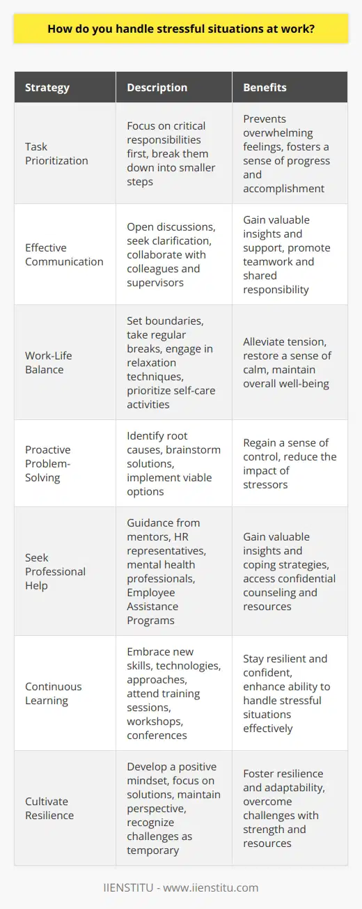 Handling stressful situations at work is a crucial skill for maintaining productivity and well-being in the workplace. There are several strategies that individuals can employ to effectively manage stress and navigate challenging circumstances. One approach is to prioritize tasks and focus on the most critical responsibilities first, breaking them down into smaller, manageable steps. This helps to prevent overwhelming feelings and enables a sense of progress and accomplishment. Effective Communication and Support Another key aspect of handling stress at work is effective communication with colleagues and supervisors. By openly discussing concerns, seeking clarification, and collaborating with others, individuals can gain valuable insights and support. Building strong professional relationships fosters a sense of teamwork and shared responsibility, reducing the burden on any single person. Maintaining Work-Life Balance Maintaining a healthy work-life balance is also essential for managing stress in the workplace. Setting clear boundaries between work and personal time, taking regular breaks, and engaging in relaxation techniques such as deep breathing or meditation can help alleviate tension and restore a sense of calm. It is important to prioritize self-care activities, such as exercise, hobbies, and spending time with loved ones, to recharge and maintain overall well-being. Proactive Problem-Solving When faced with stressful situations, adopting a proactive problem-solving approach can be highly effective. This involves identifying the root cause of the stress, brainstorming potential solutions, and implementing the most viable option. By taking action and addressing issues head-on, individuals can regain a sense of control and reduce the impact of stressors. Seeking Professional Help In some cases, stress at work may become overwhelming and require additional support. Seeking guidance from a trusted mentor, human resources representative, or mental health professional can provide valuable insights and coping strategies. Many organizations offer employee assistance programs (EAPs) that provide confidential counseling and resources to help individuals navigate work-related challenges. Continuous Learning and Adaptability Continuously learning and adapting to change is crucial for handling stress in the ever-evolving workplace. Embracing new skills, technologies, and approaches can help individuals stay resilient and confident in the face of uncertainty. Attending training sessions, workshops, or conferences can provide opportunities for growth and development, enhancing ones ability to handle stressful situations effectively. Cultivating Resilience Ultimately, cultivating resilience is key to successfully navigating stressful situations at work. This involves developing a positive mindset, focusing on solutions rather than problems, and maintaining perspective. Recognizing that challenges are temporary and that one has the strength and resources to overcome them can foster a sense of resilience and adaptability. By implementing these strategies and prioritizing self-care, individuals can effectively handle stressful situations at work, maintain their well-being, and contribute to a positive and productive work environment.